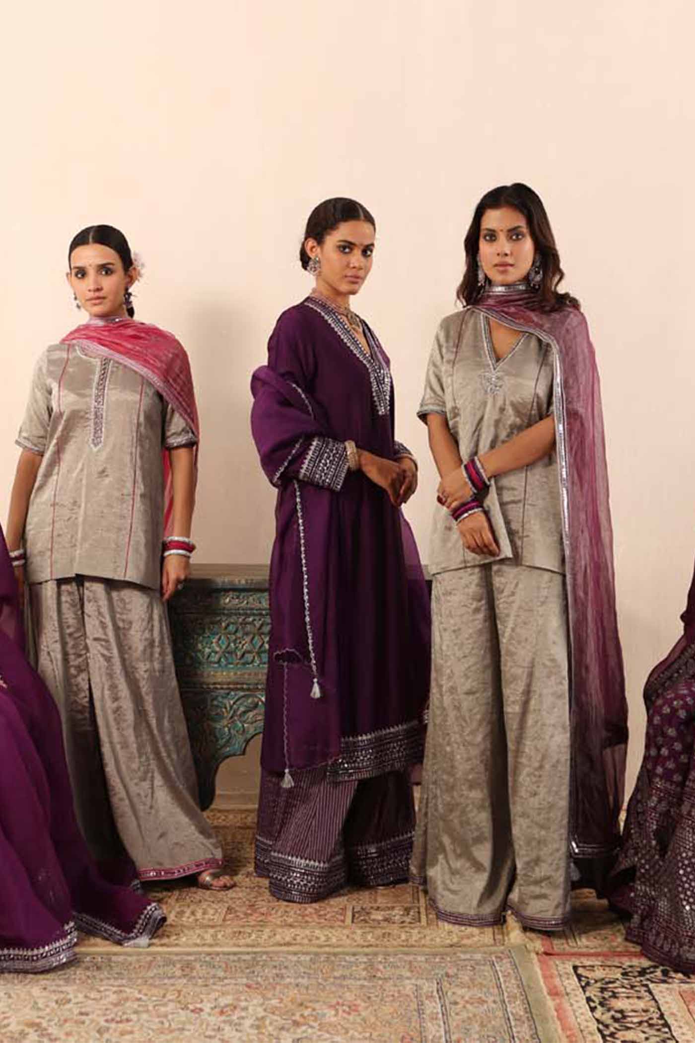 Silver Handloom Pure Metallic-Silk (Silver Tissue) Hand-Embroidered Short-Kurta-Sharara Set With Purple Pure Kota-Silk Dupatta