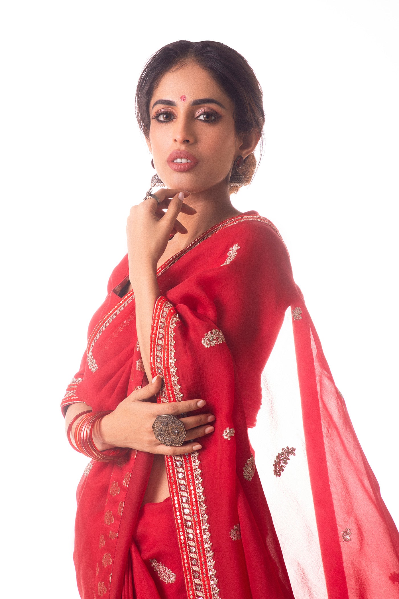 Priya Banerjee in Bridal-Red Embroidered Pure Silk-Organza Saree-Blouse Set