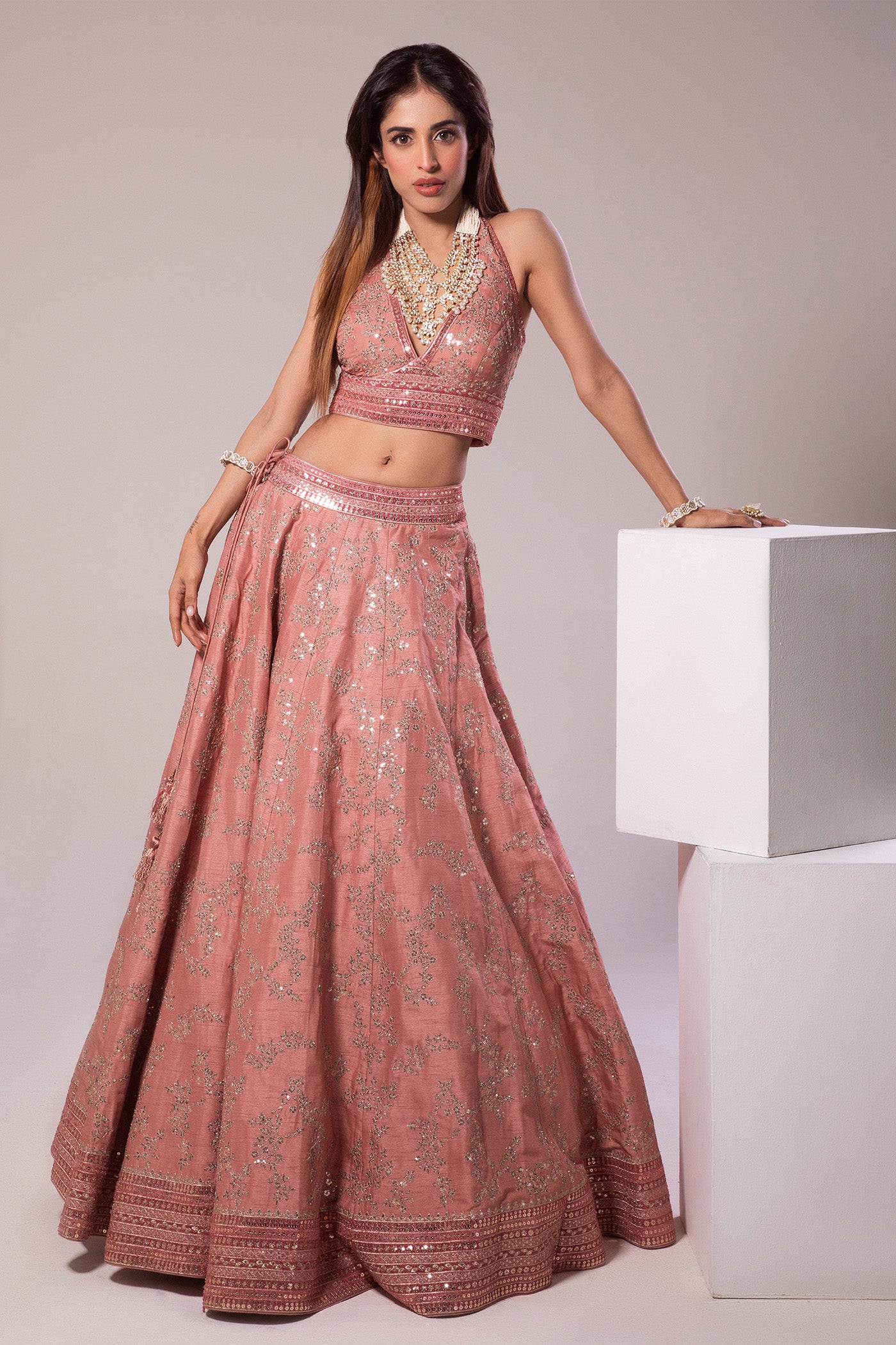 Priya Banerjee in Dusty-Pink Embroidered Raw-Silk Lehenga- Set With Pure Crepe-Silk Blouse & Pure Silk- Organza Dupatta