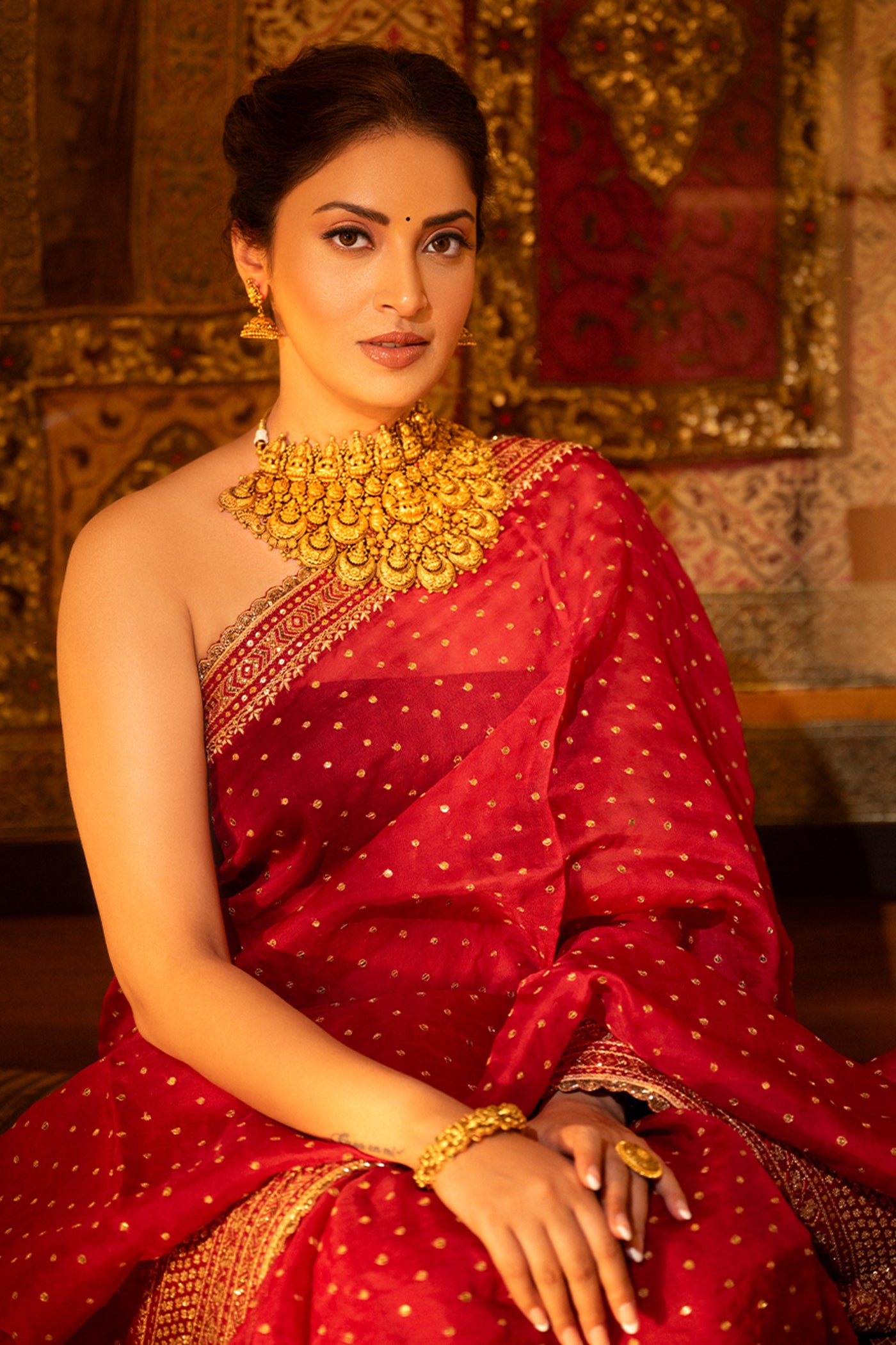 Hand-Embroidered Maroon-Red Pure Silk-Organza Saree-Blouse Set