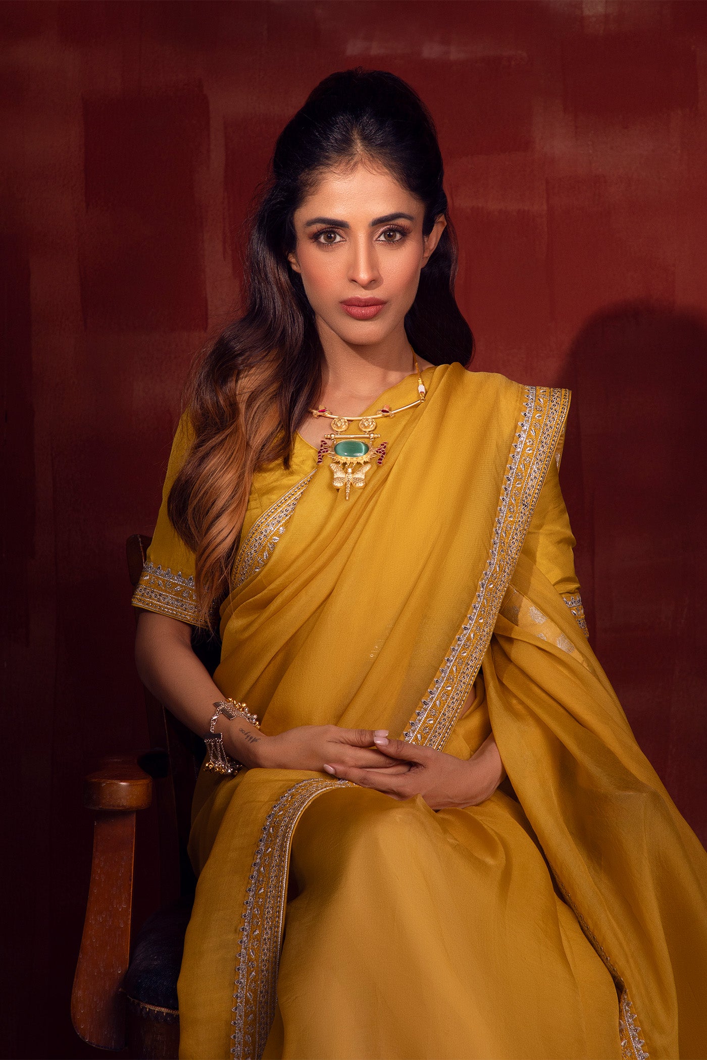 Priya Banerjee in Lime-Yellow Embroidered Pure Silk-Organza Saree-Blouse Set