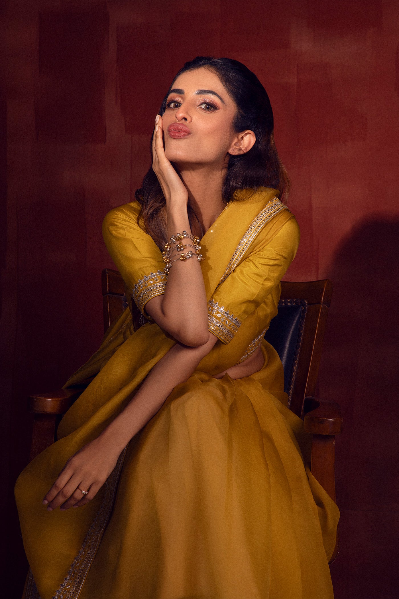 Priya Banerjee in Lime-Yellow Embroidered Pure Silk-Organza Saree-Blouse Set