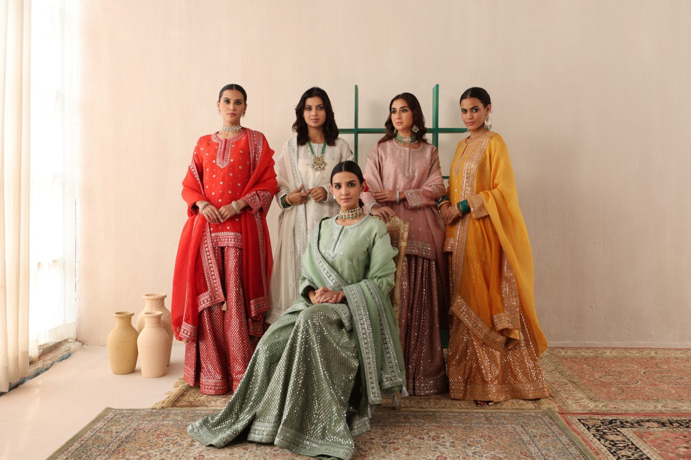 Tomato-Red Ombre-Dyed Embroidered Pure Silk-Organza Short-Kurta-Sharara Set