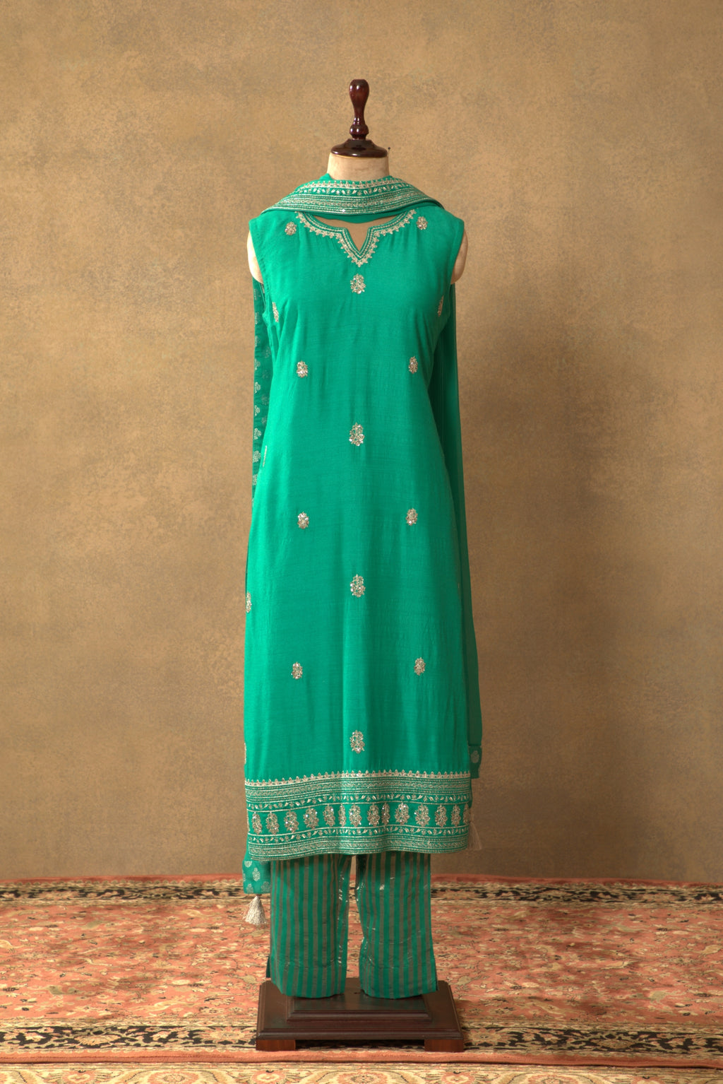 Sea-Green Embroidered Pure Muga-Silk Sleeveless Kurta-Pants Set Sea-Green Embroidered Pure Muga-Silk Sleeveless Kurta-Pants Set