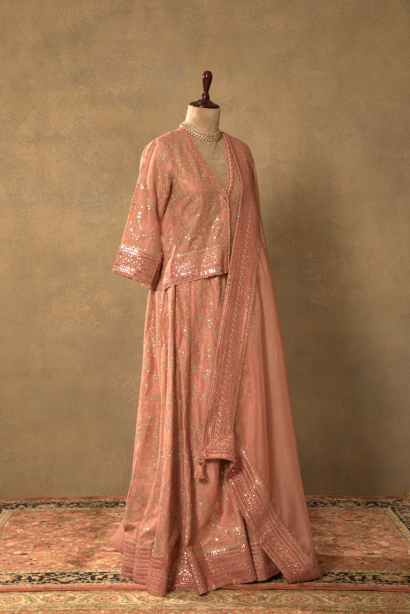 Dusty-Pink Embroidered Pure Silk-Organza Short-Kurta-Sharara Set