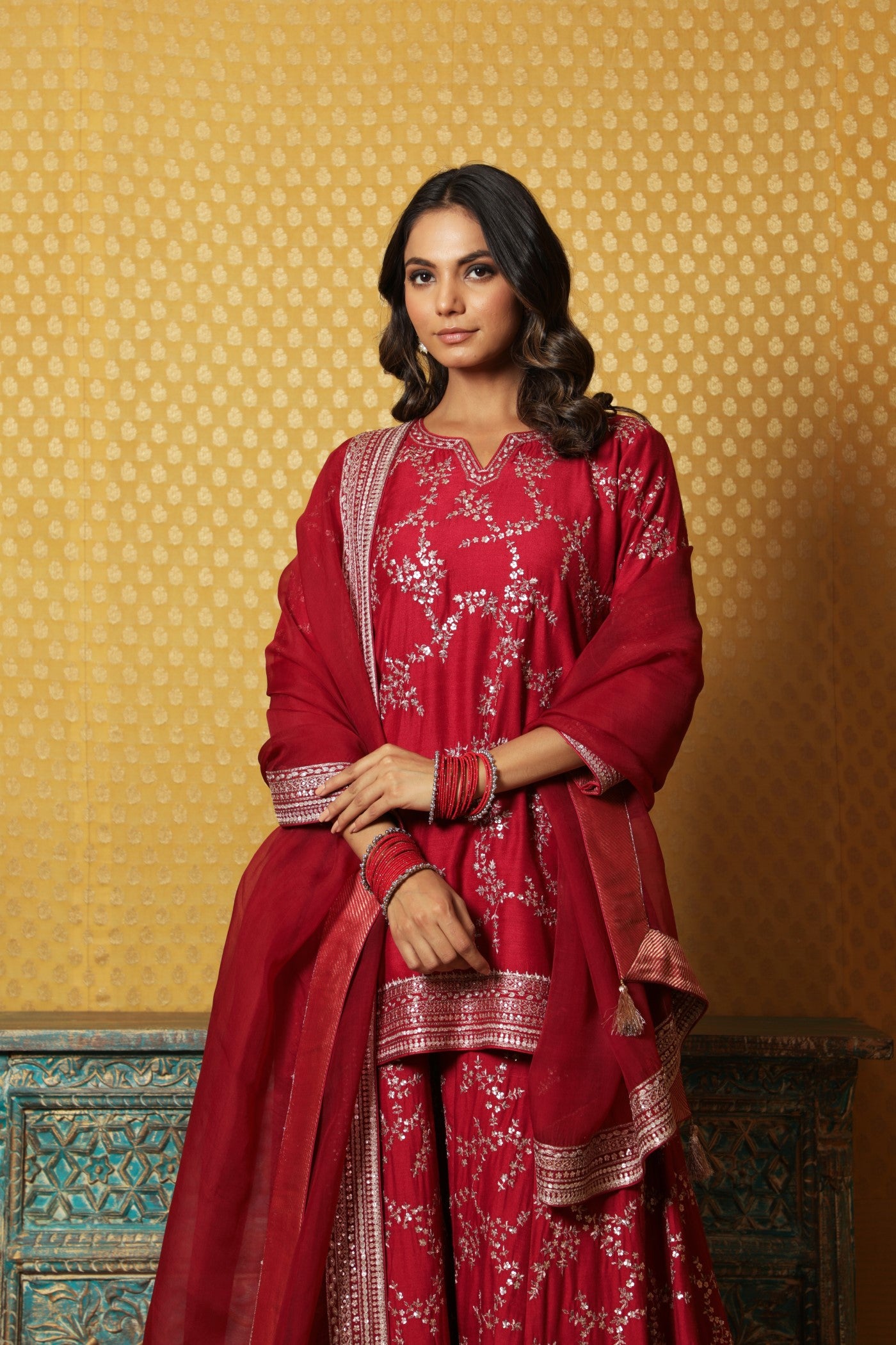 Hand-Embroidered Maroon Pure Muga-Silk Short-Kurta-Sharara Set