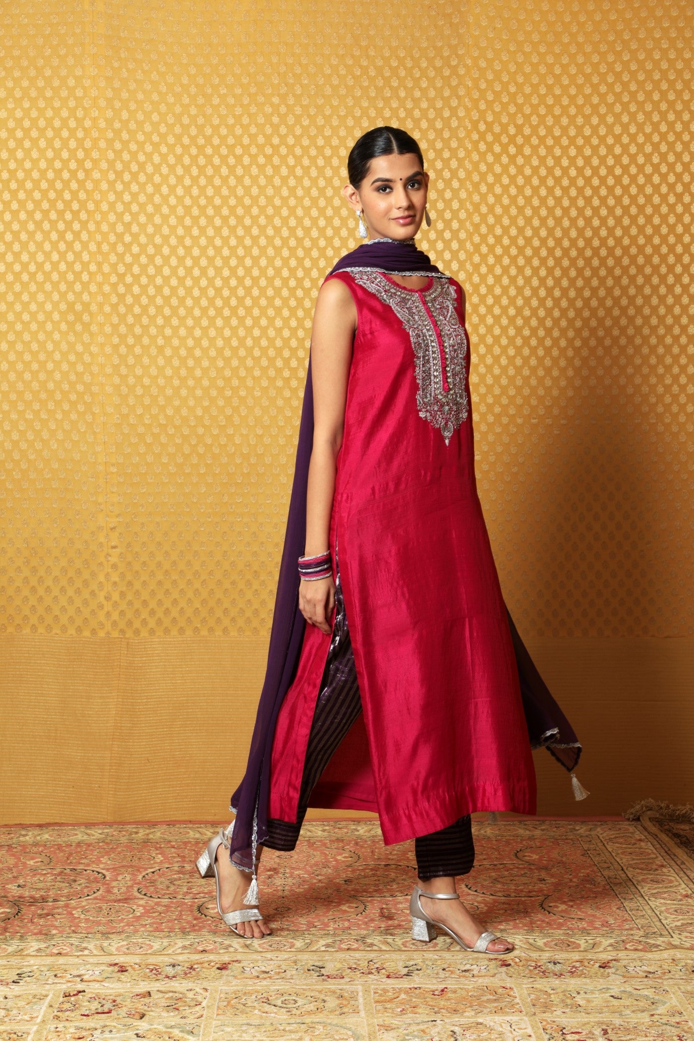 Jazzy-Pink Hand-Embroidered Pure Silk Sleeveless Kurta-Pants Set