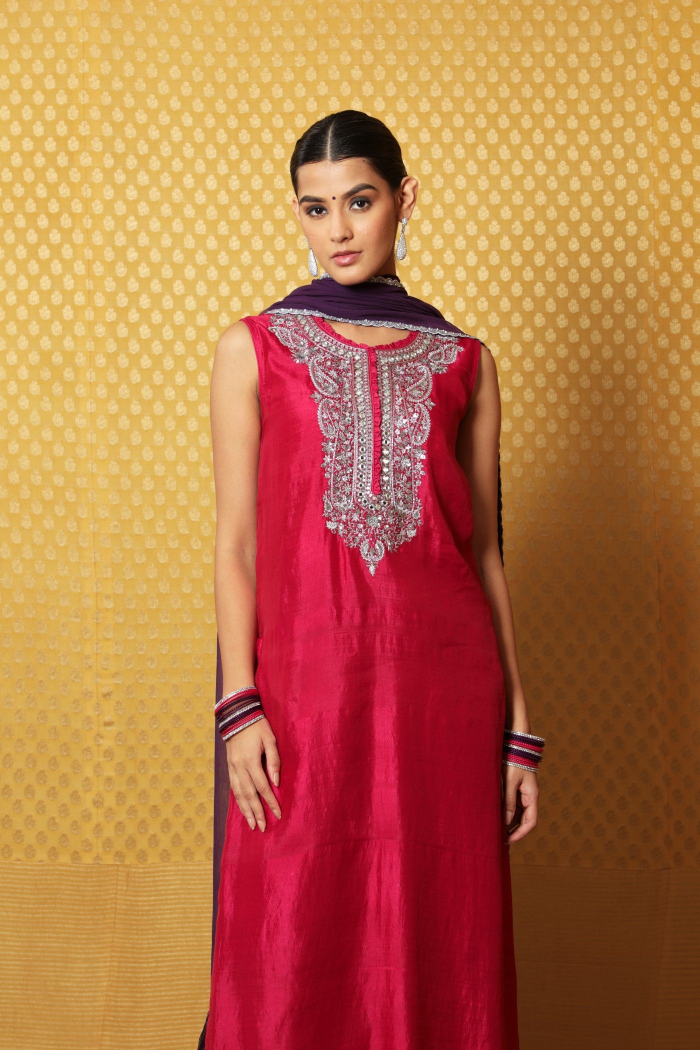 Jazzy-Pink Hand-Embroidered Pure Silk Sleeveless Kurta-Pants Set