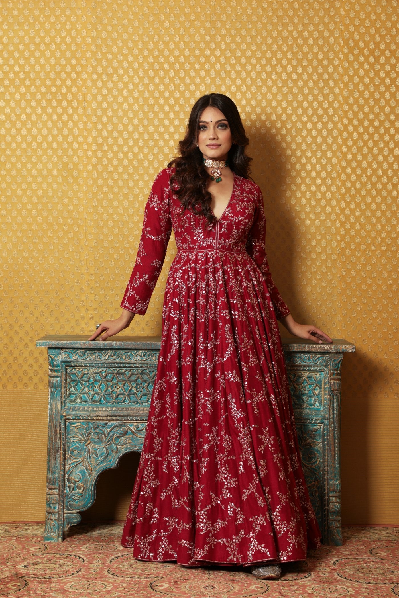 Hand-Embroidered Maroon Pure Muga-Silk Anarkali Dress