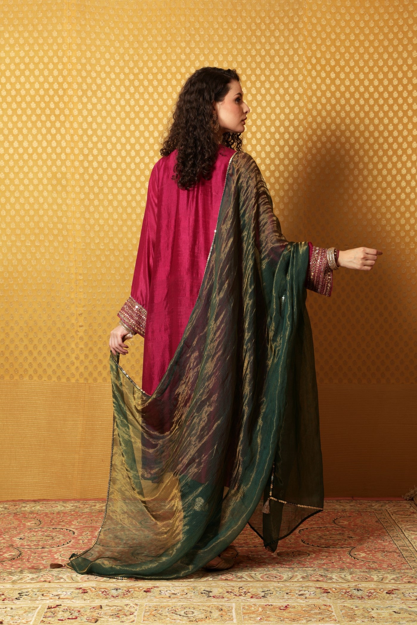 Hand-Embroidered Festival Fuchsia Pure Silk Kurta-Pants Set (Bottle-Green Pants & Dupatta)