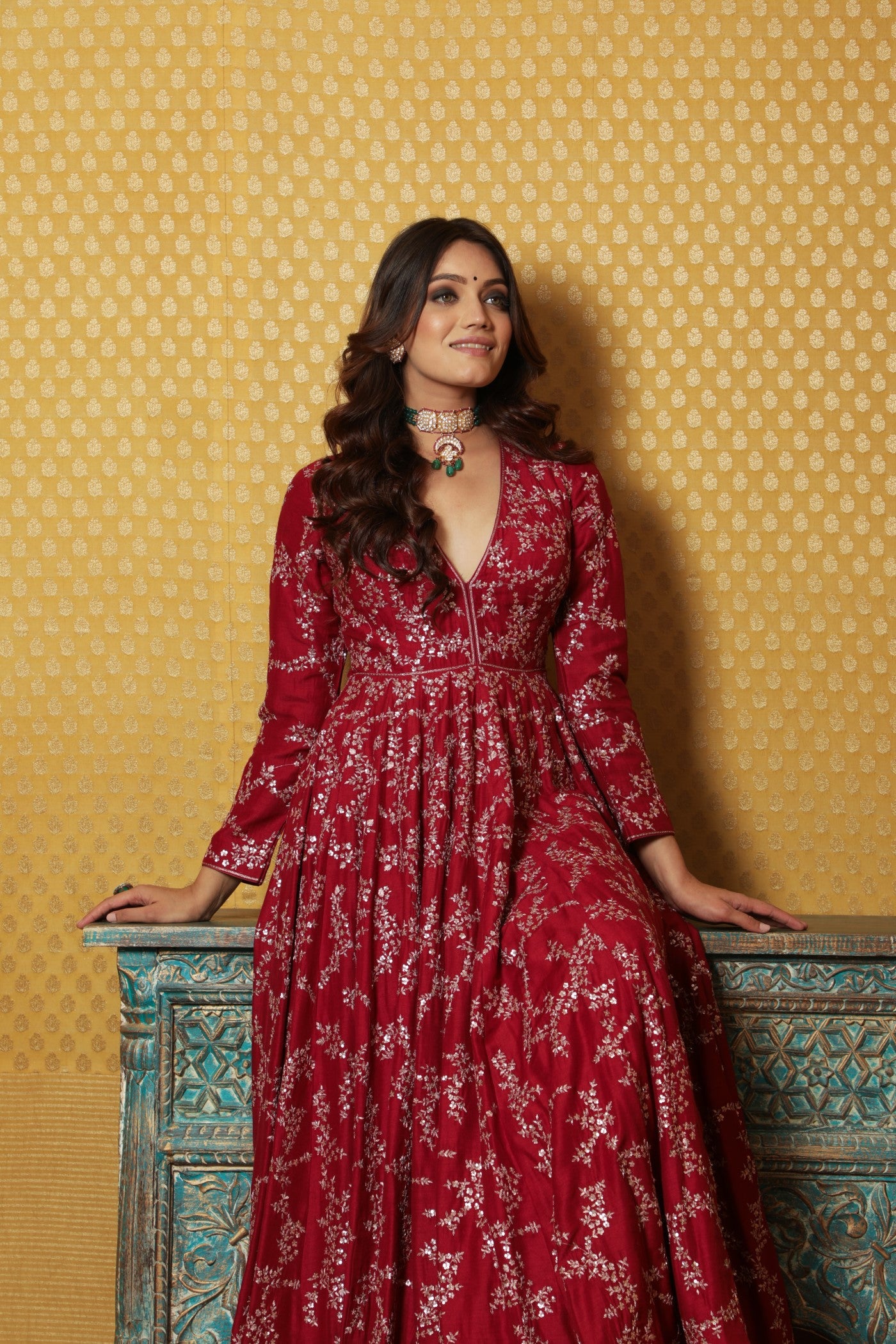 Hand-Embroidered Maroon Pure Muga-Silk Anarkali Dress