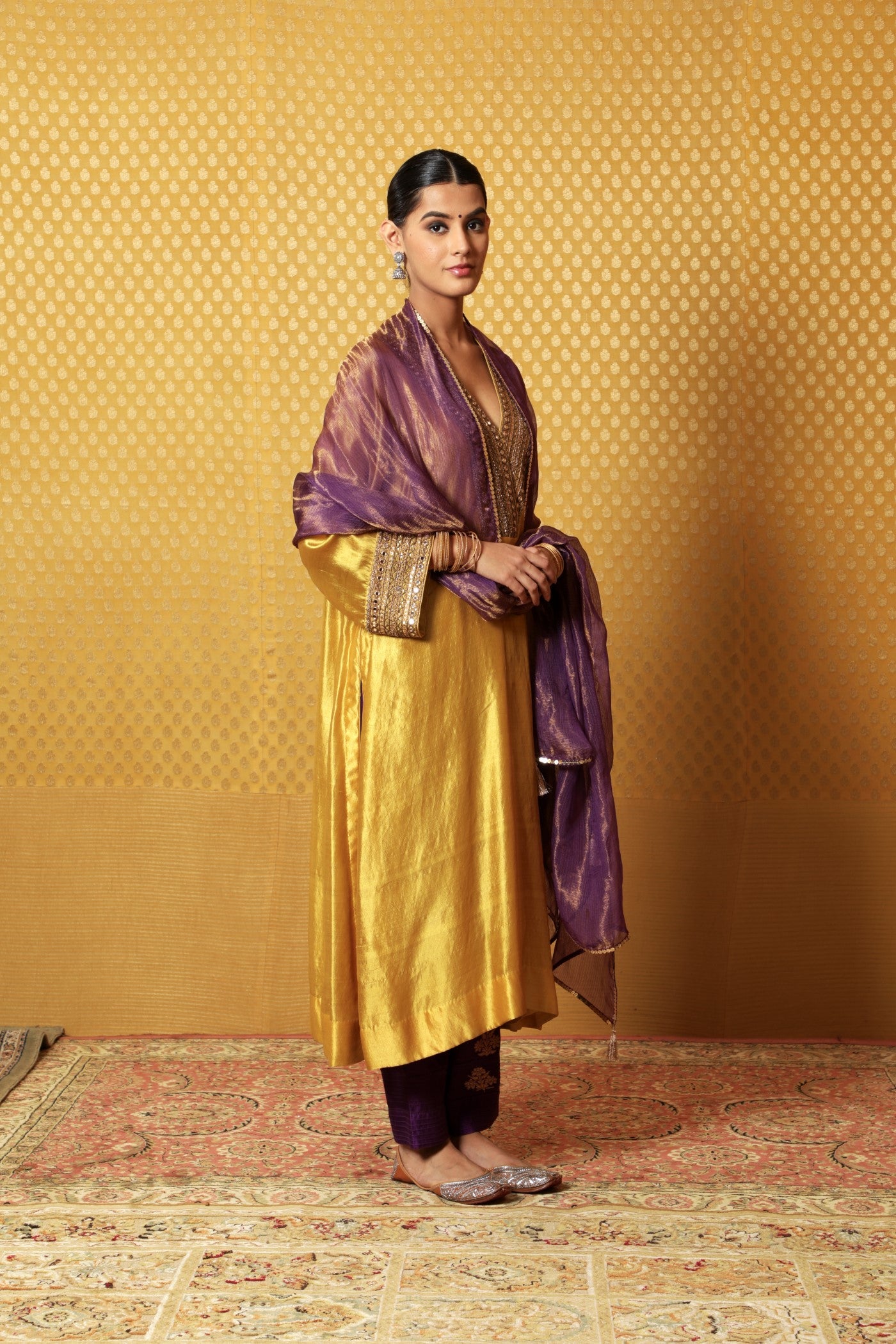 Hand-Embroidered Dusty Lime Pure Silk Kurta-Pants Set (Purple Pants & Dupatta)