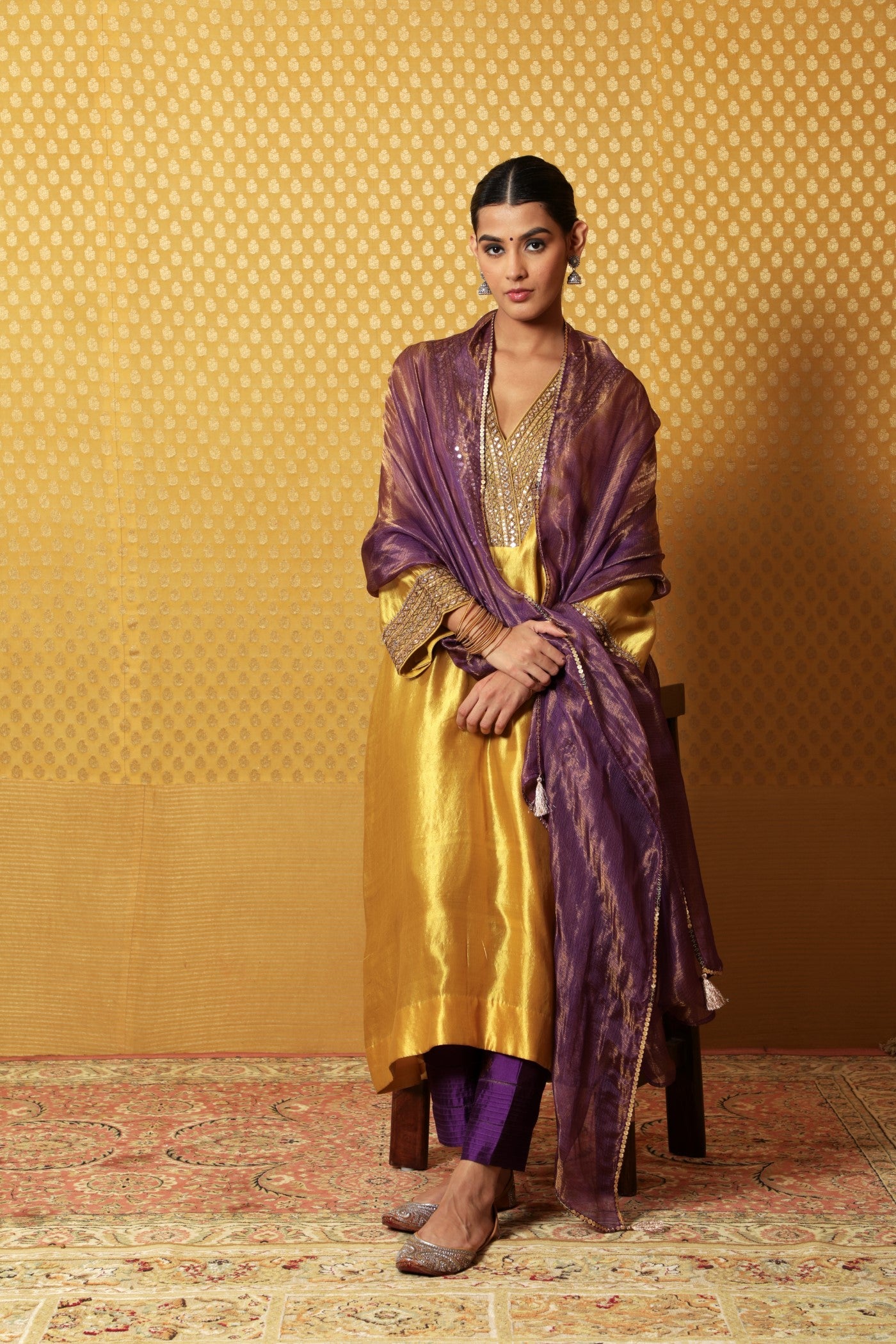 Hand-Embroidered Dusty Lime Pure Silk Kurta-Pants Set (Purple Pants & Dupatta)