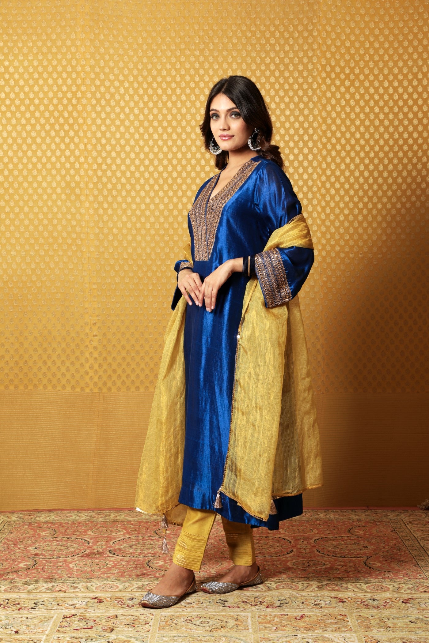 Hand-Embroidered Royal-Blue Pure Silk Kurta-Pants Set (Dusty-Lime Pants & Dupatta)