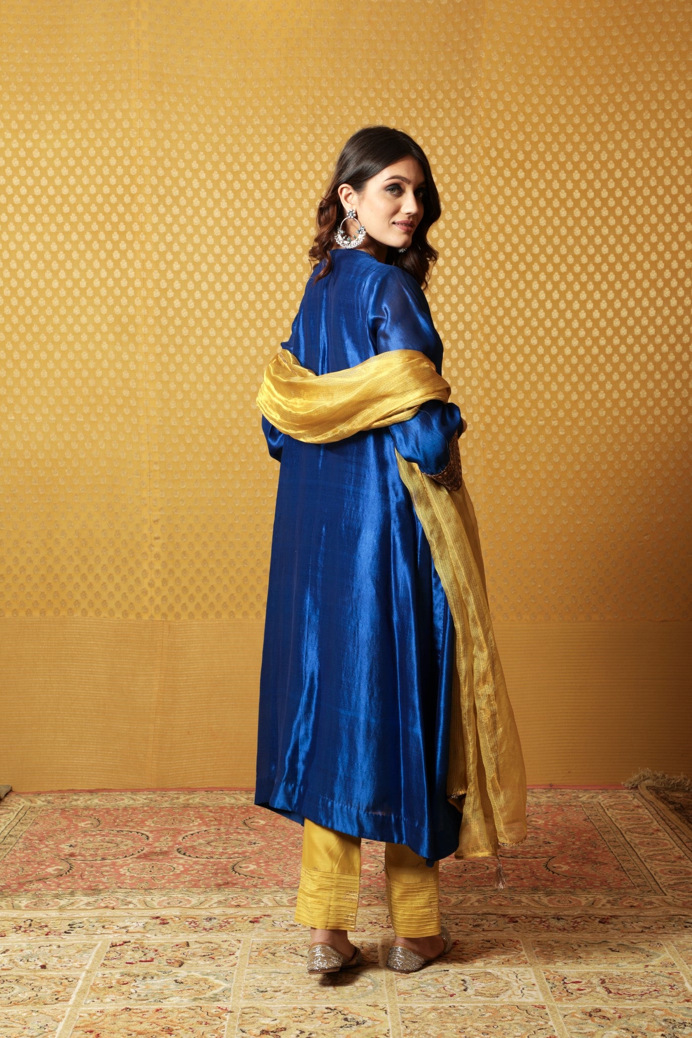 Hand-Embroidered Royal-Blue Pure Silk Kurta-Pants Set (Dusty-Lime Pants & Dupatta)