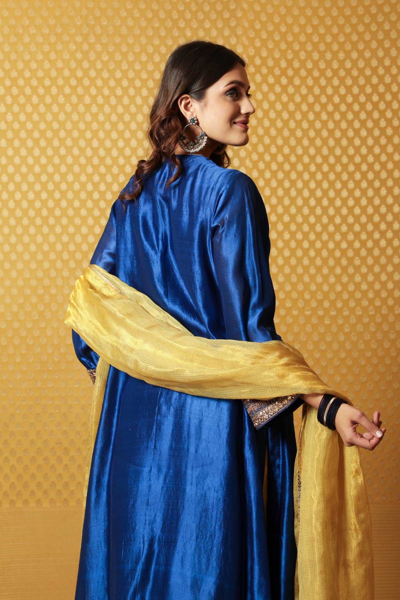 Hand-Embroidered Royal-Blue Pure Silk Kurta-Pants Set (Dusty-Lime Pants & Dupatta)