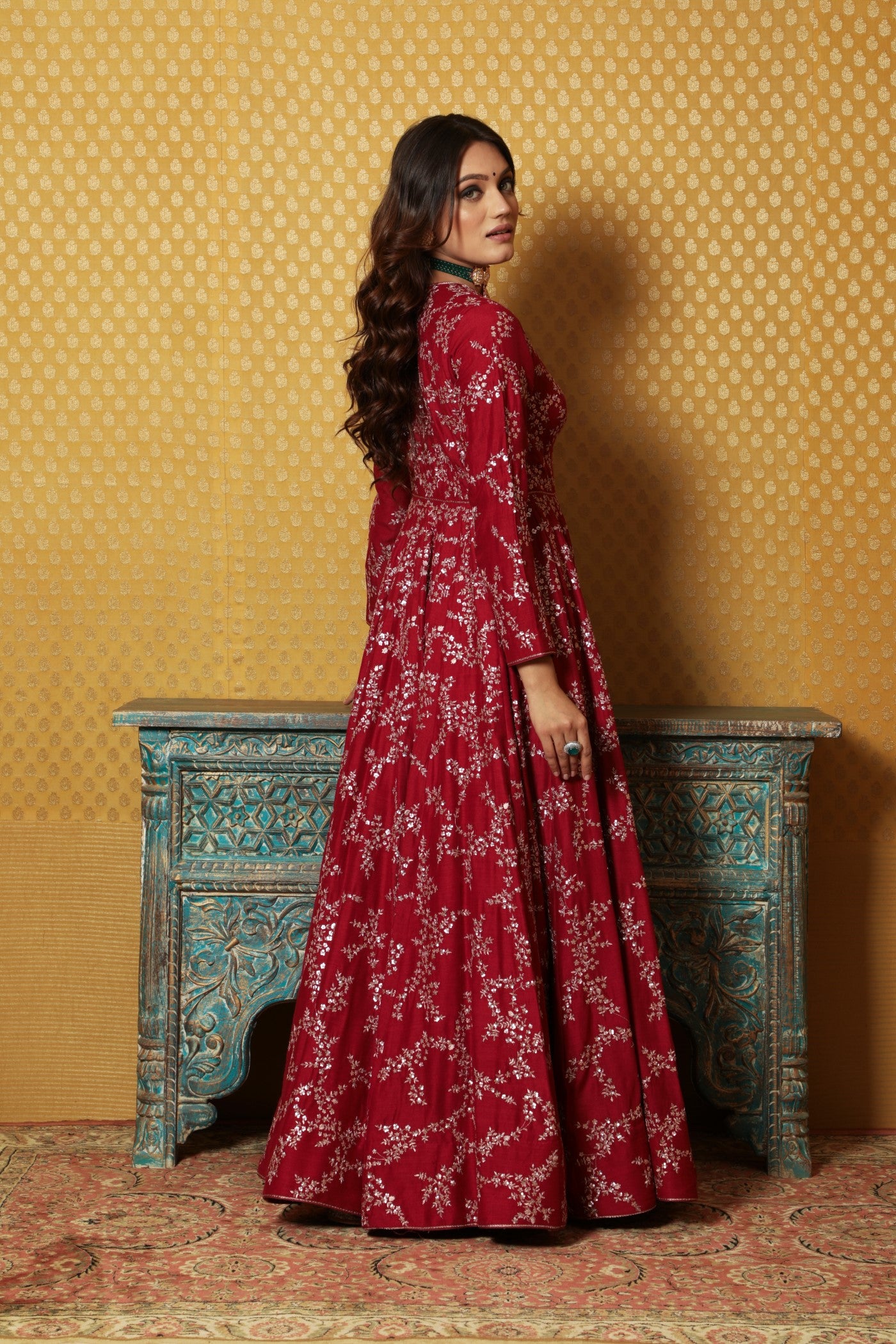 Hand-Embroidered Maroon Pure Muga-Silk Anarkali Dress