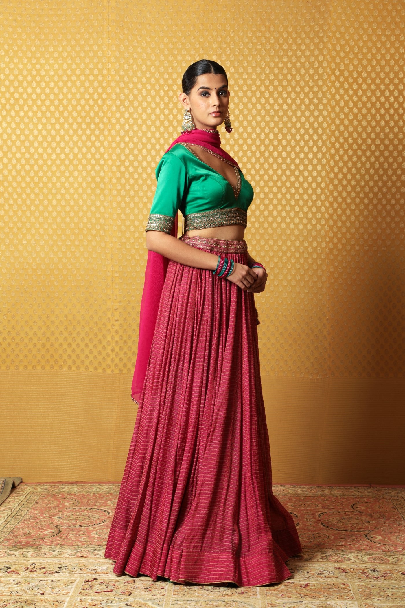 Hand-Embroidered Rani-Pink Pure Metallic Georgette Lehenga-Blouse Set