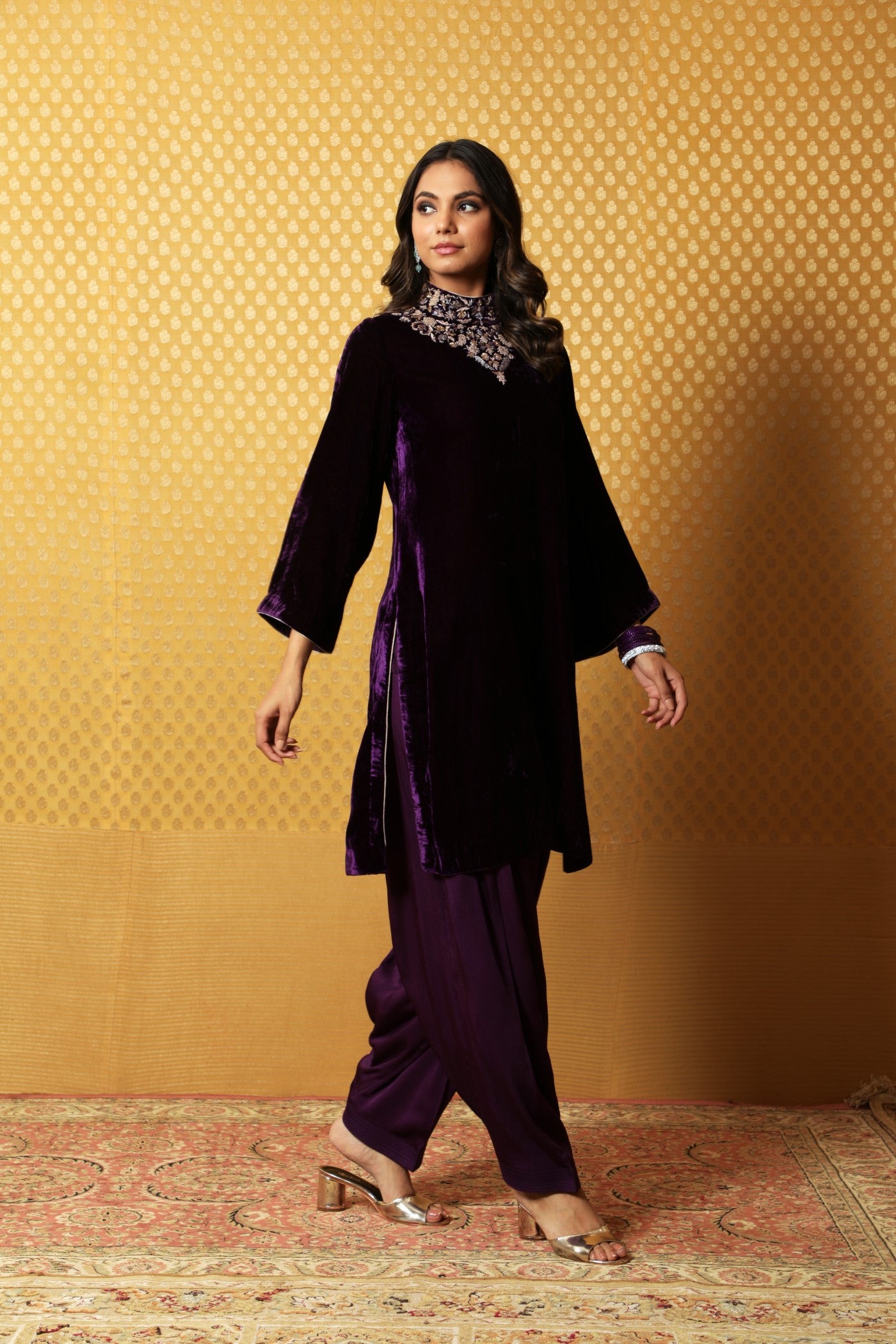 Dark-Purple Hand-Embroidered Pure Silk Velvet Short Kurta Salwar Set