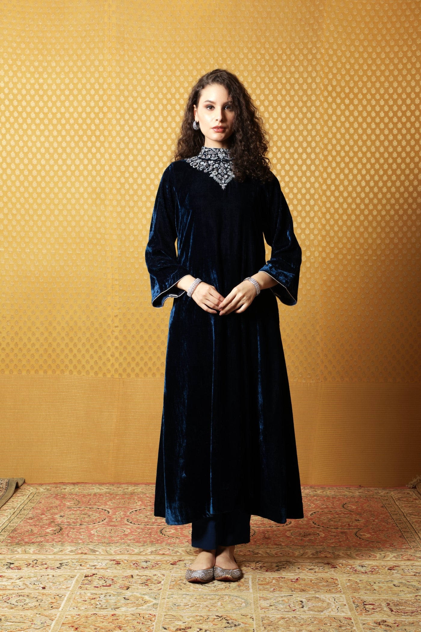 Midnight-Blue Hand-Embroidered Pure Silk Velvet Long Kurta Pants Set
