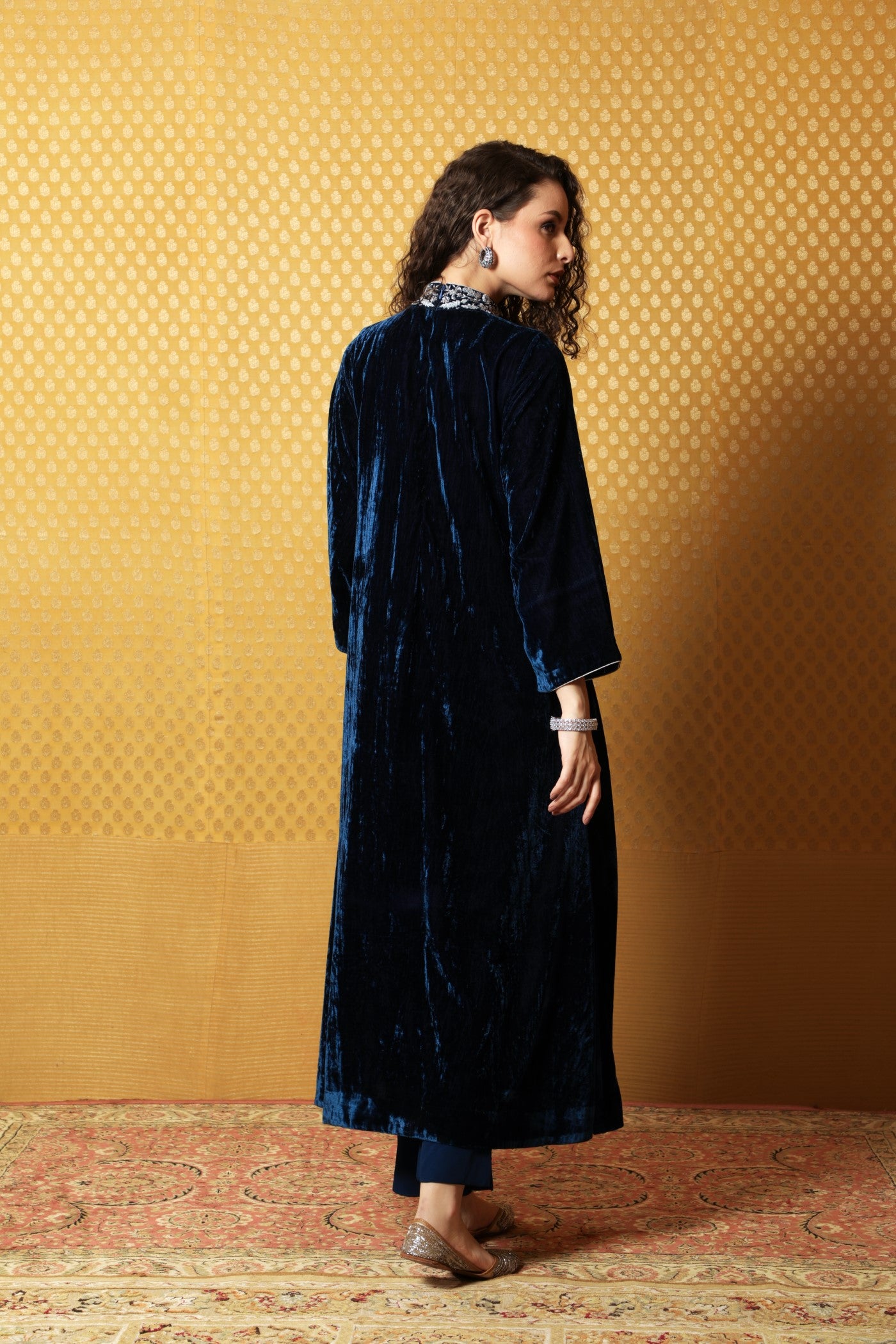 Midnight-Blue Hand-Embroidered Pure Silk Velvet Long Kurta Pants Set