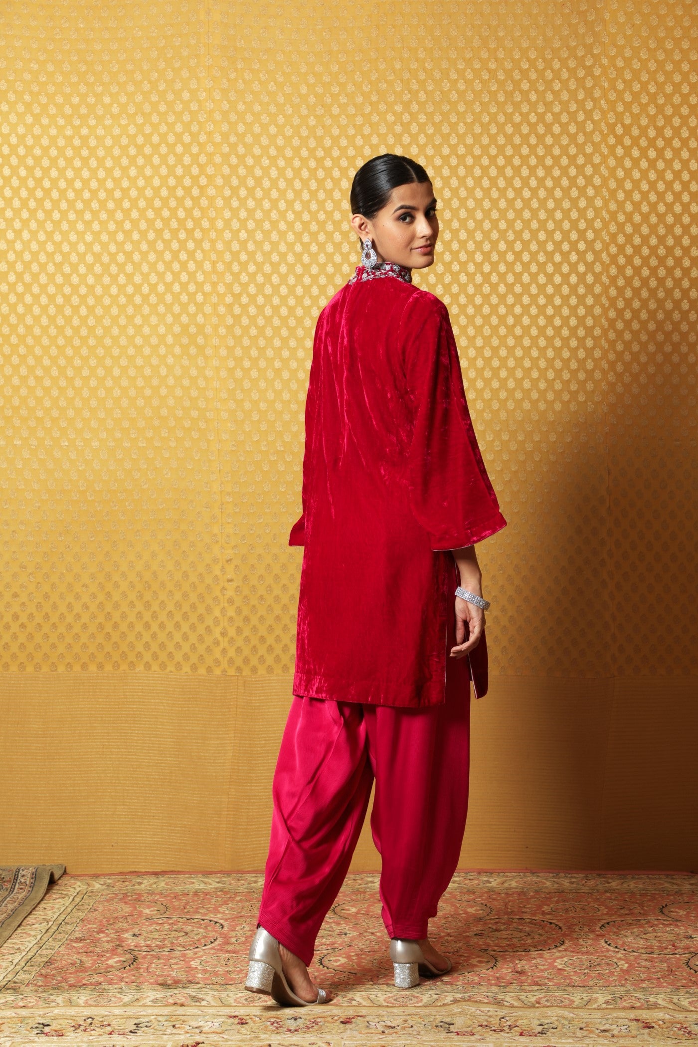 Bright-Pink Hand-Embroidered Pure Silk Velvet Short Kurta Salwar Set
