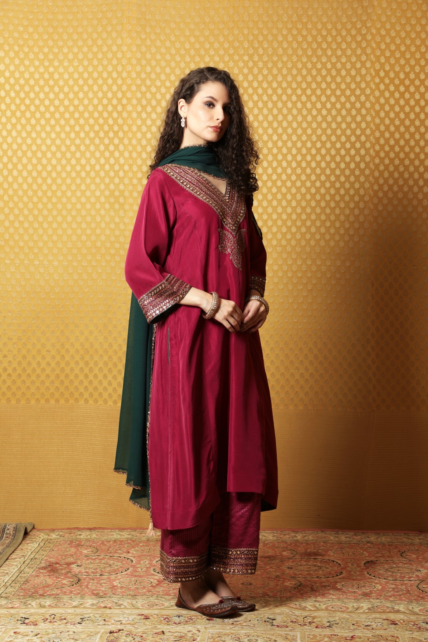 Hand-Embroidered Festival Fuchsia Pure Silk Kurta-Palazzo Set