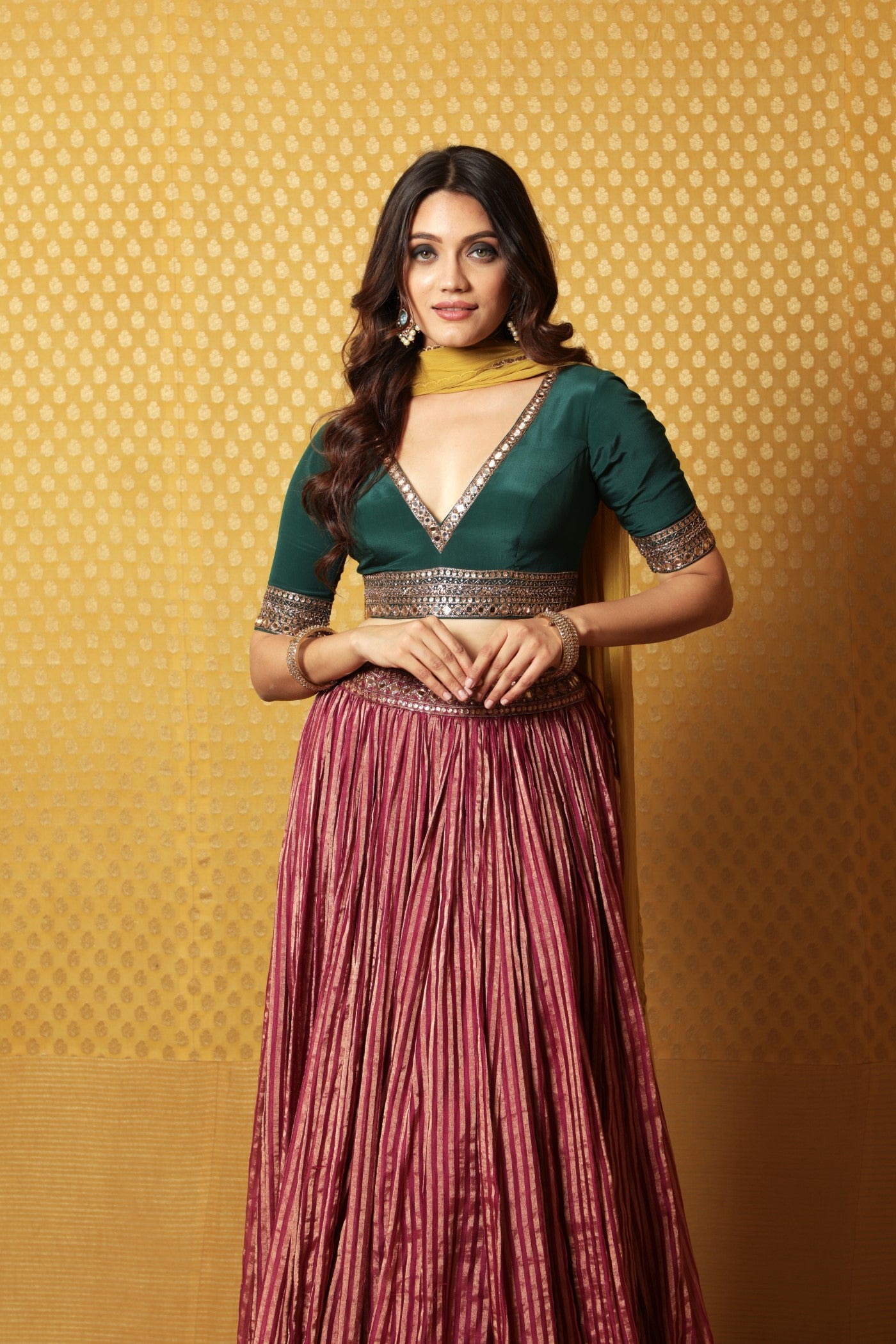 Hand-Embroidered Wine-Coloured Striped Pure Silk-Cotton Lehenga Paired With Pure Crepe-Silk Blouse & Chiffon Dupatta
(Wine, Dark Green & Dusty-Lime)
