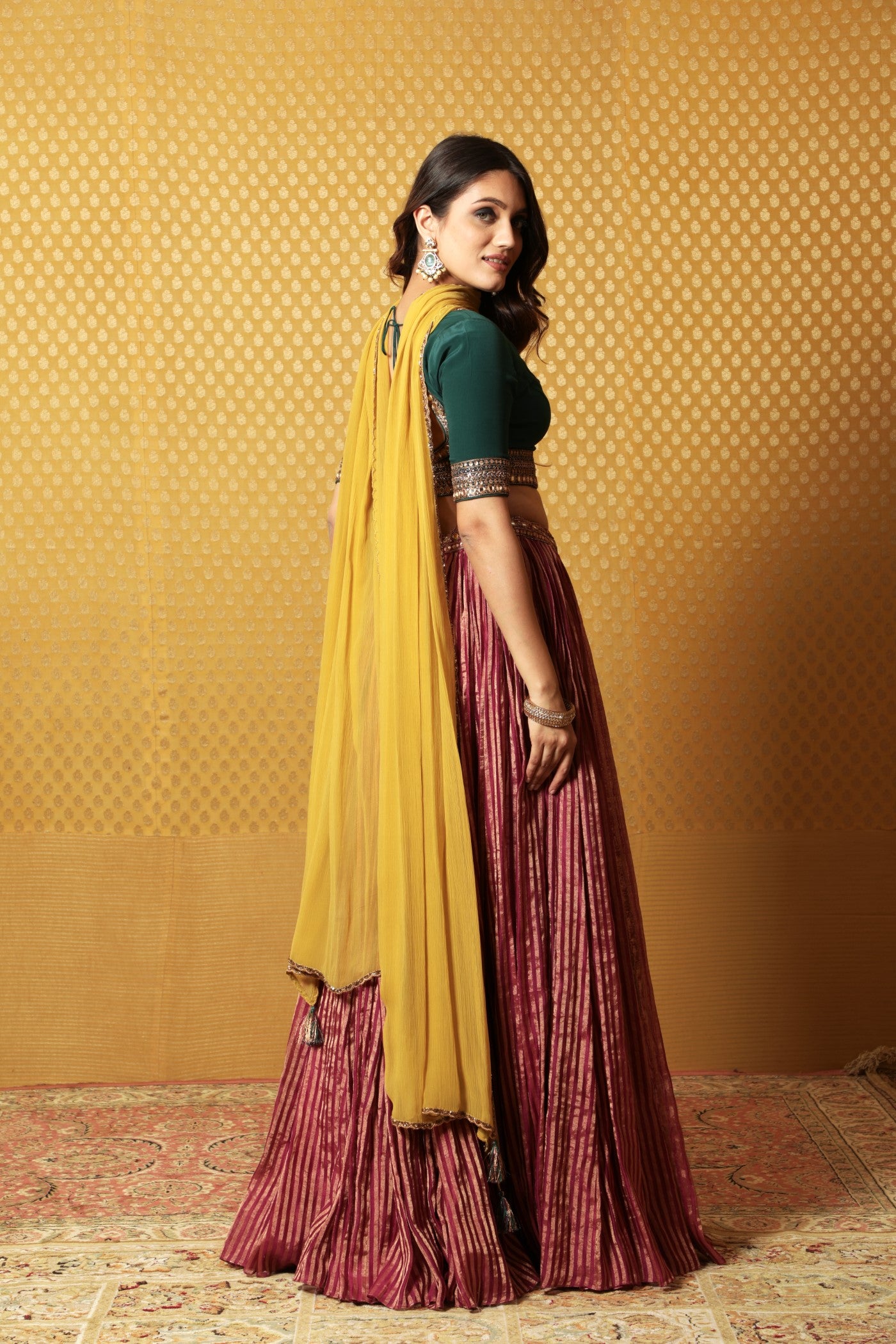 Hand-Embroidered Wine-Coloured Striped Pure Silk-Cotton Lehenga Paired With Pure Crepe-Silk Blouse & Chiffon Dupatta
(Wine, Dark Green & Dusty-Lime)