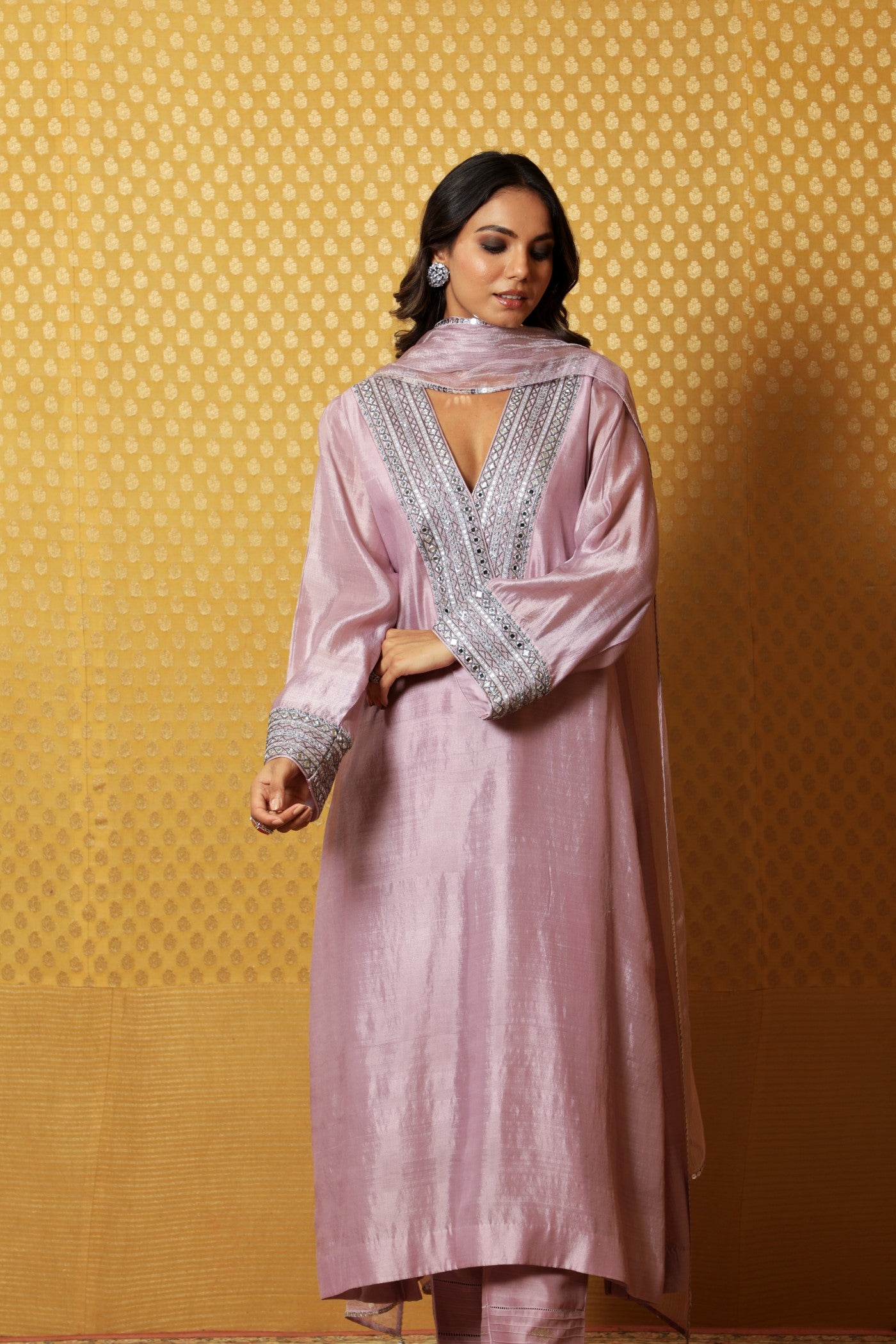 Hand-Embroidered Lavender Pure Silk Kurta-Pants Set