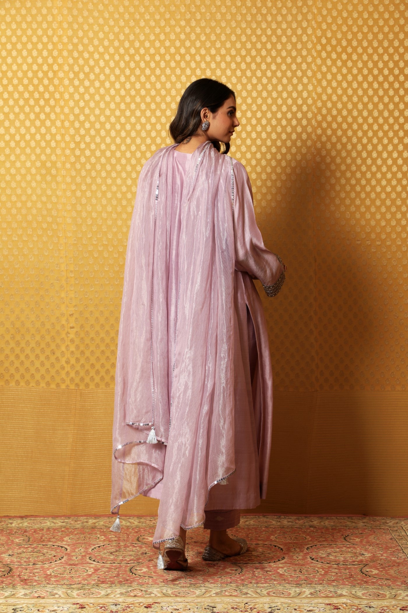 Hand-Embroidered Lavender Pure Silk Kurta-Pants Set