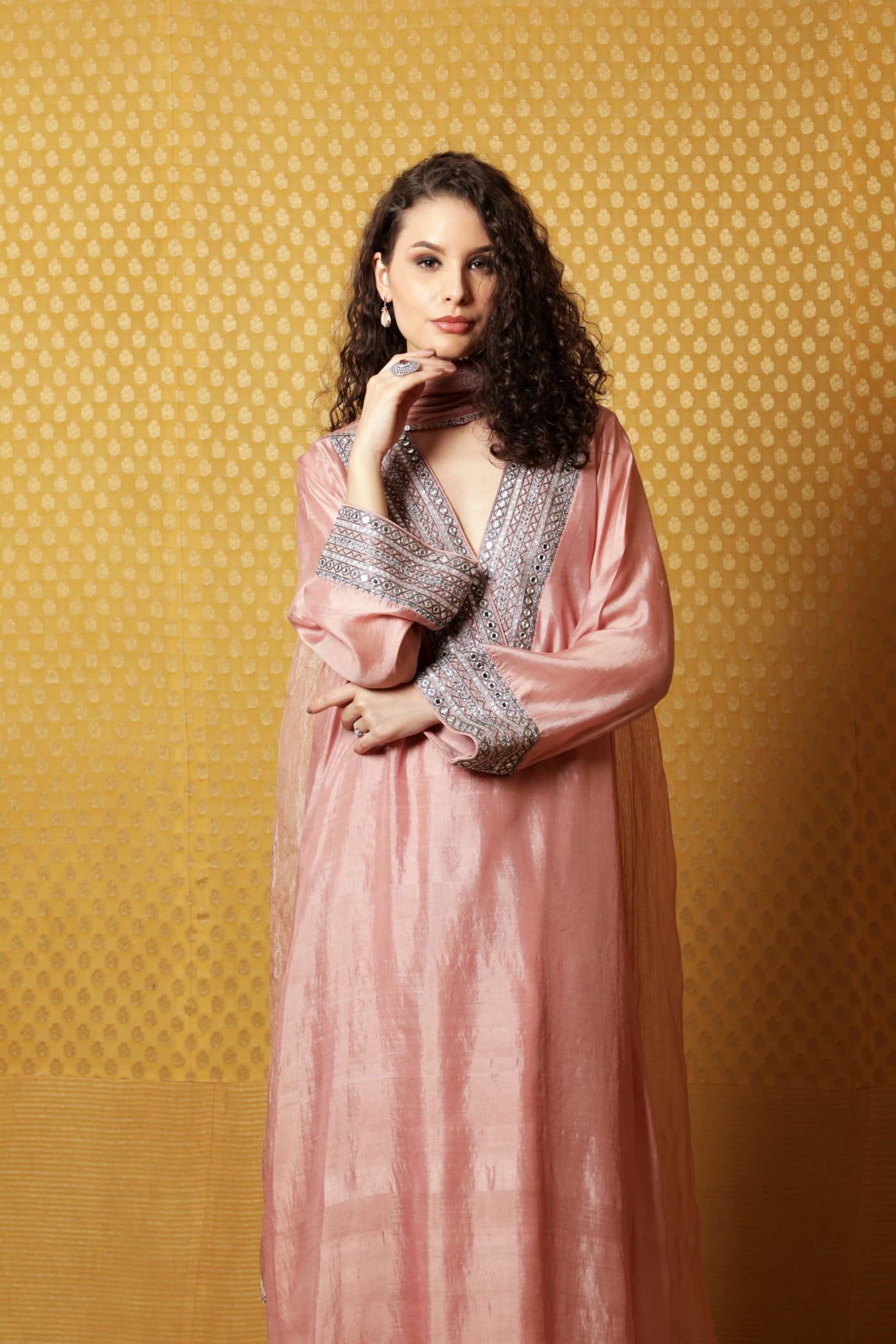 Hand-Embroidered Dusty-Peach Pure Silk Kurta-Pants Set