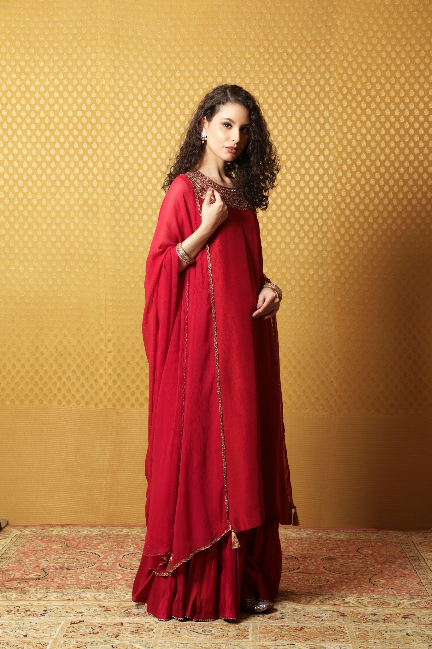 Hand-Embroidered Red Pure Silk Kurta- Sharara Set