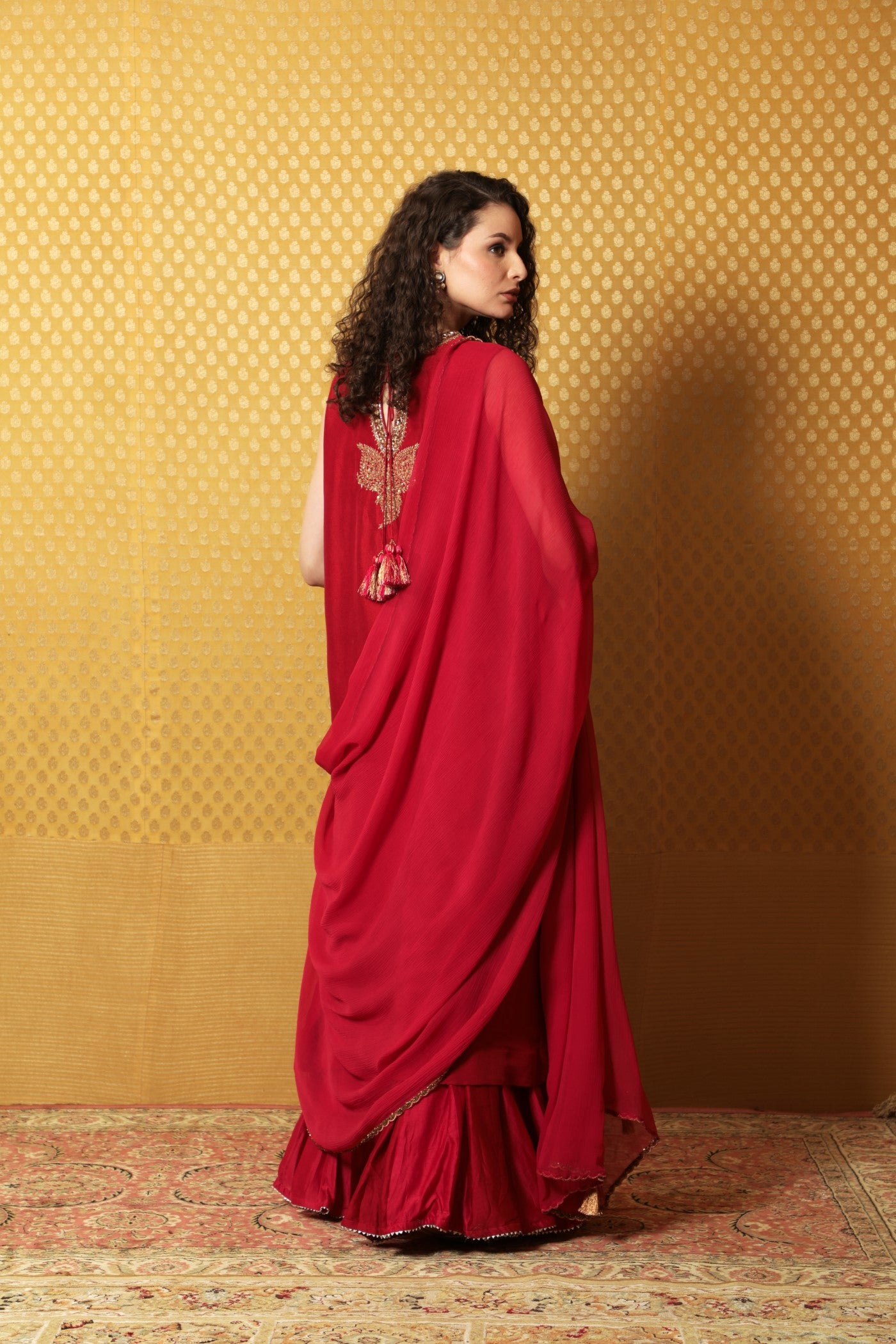 Hand-Embroidered Red Pure Silk Kurta- Sharara Set