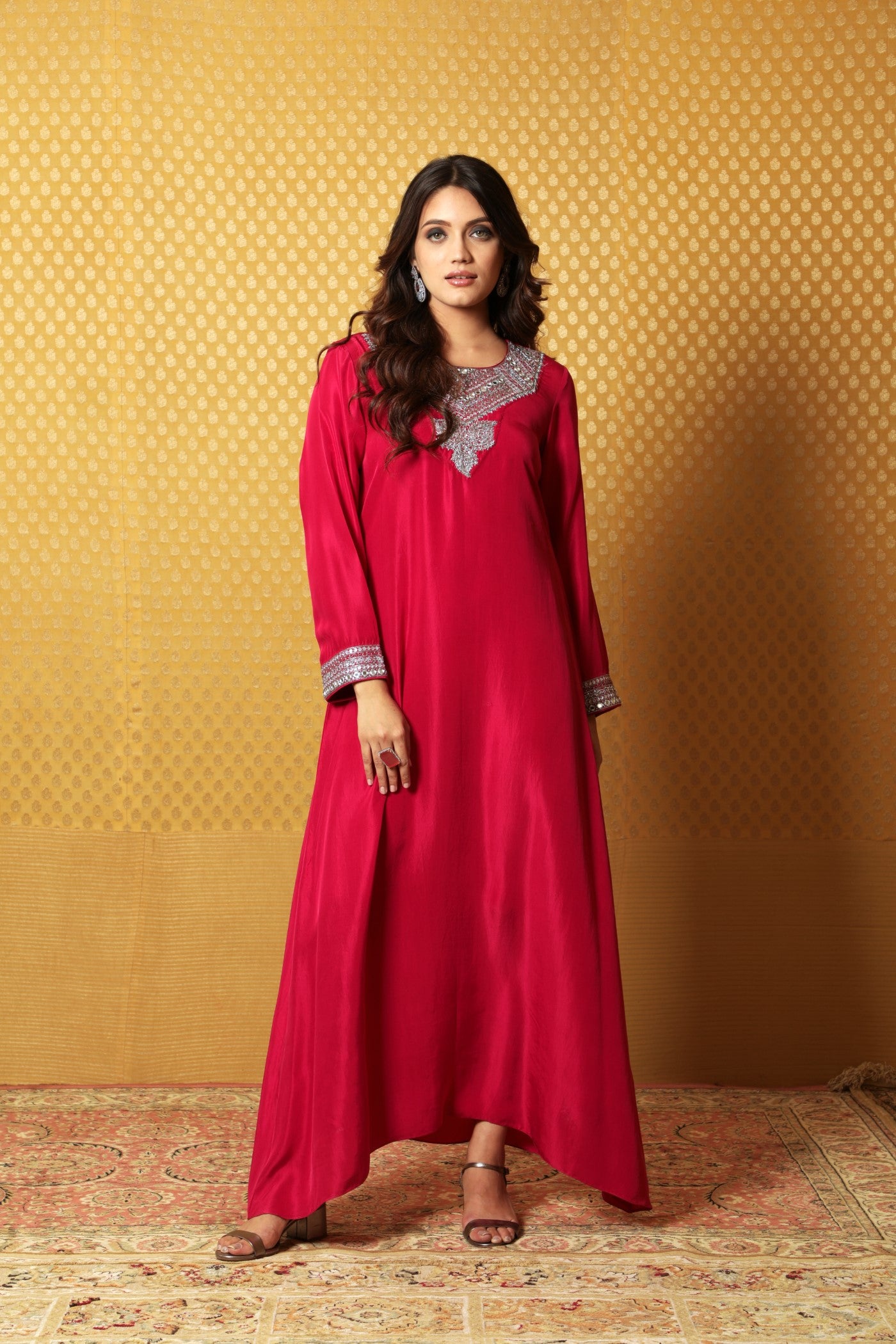 Jazzy-Pink Hand-Embroidered Pure Silk Long Dress