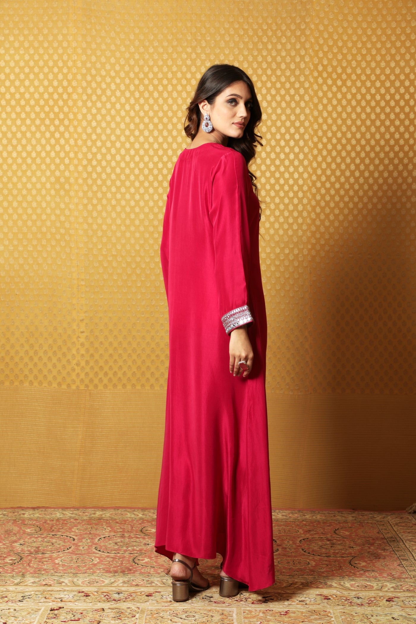 Jazzy-Pink Hand-Embroidered Pure Silk Long Dress