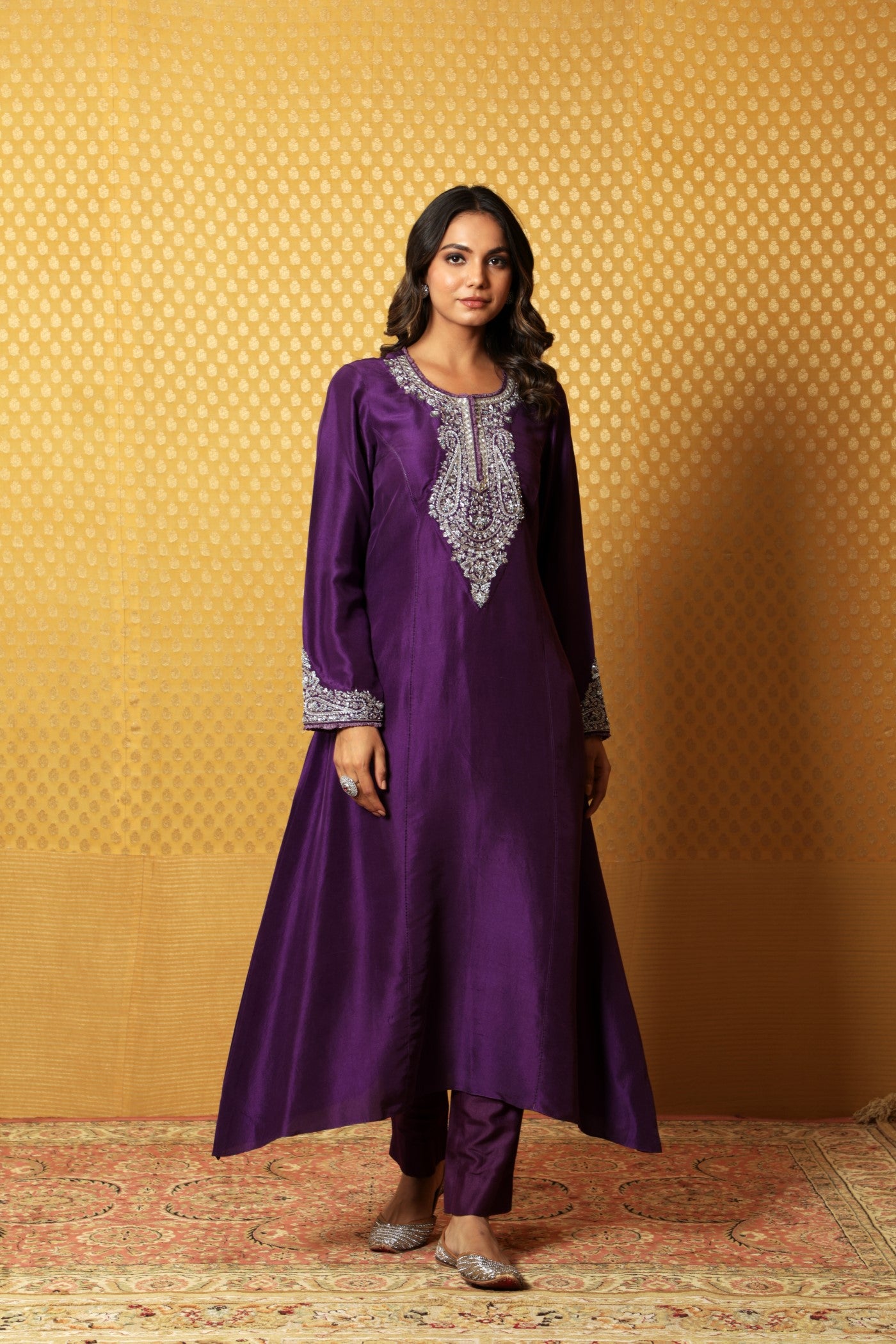 Aubergine Hand-Embroidered Pure Raw Silk Long Dress