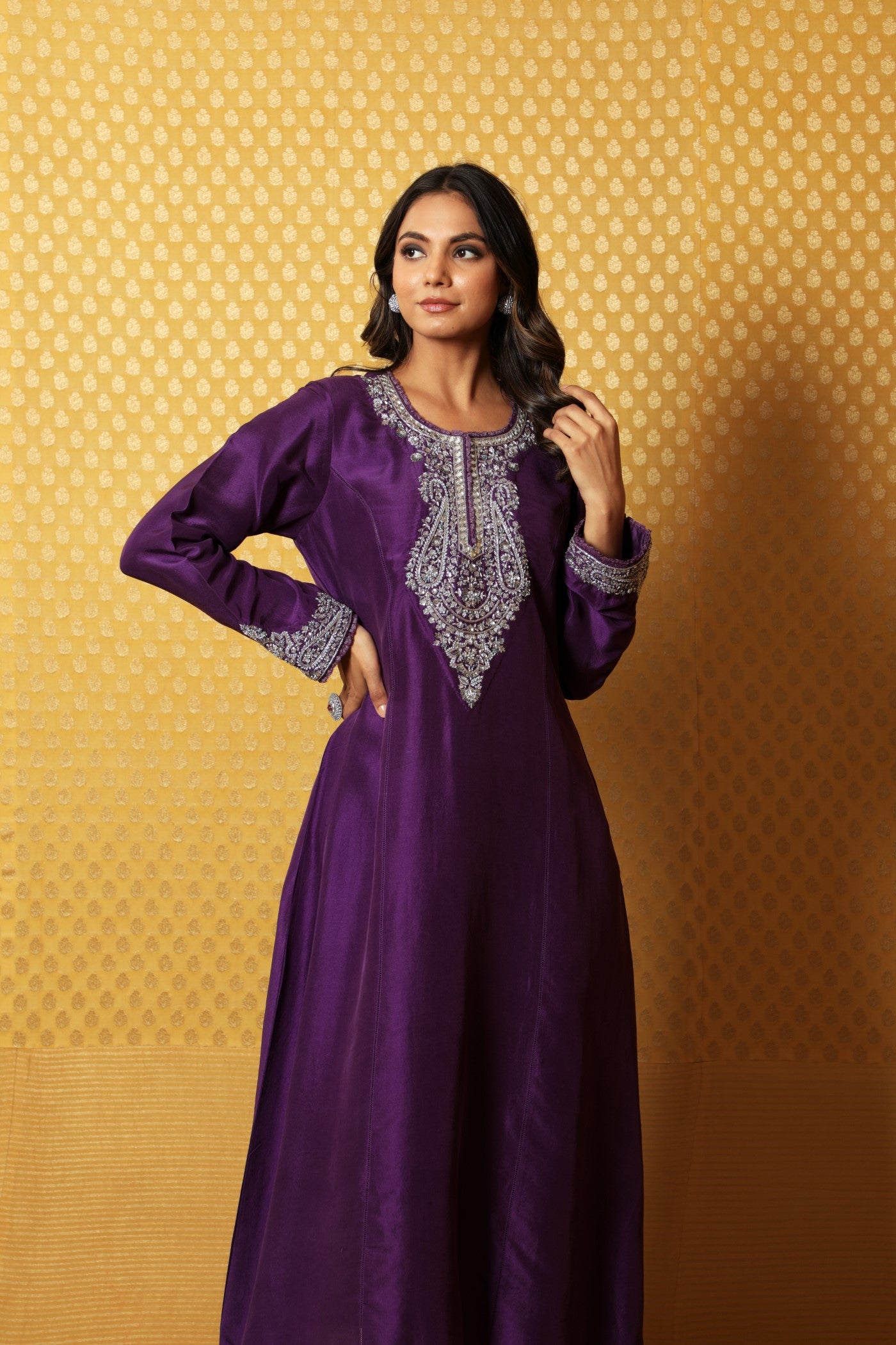 Aubergine Hand-Embroidered Pure Raw Silk Long Dress