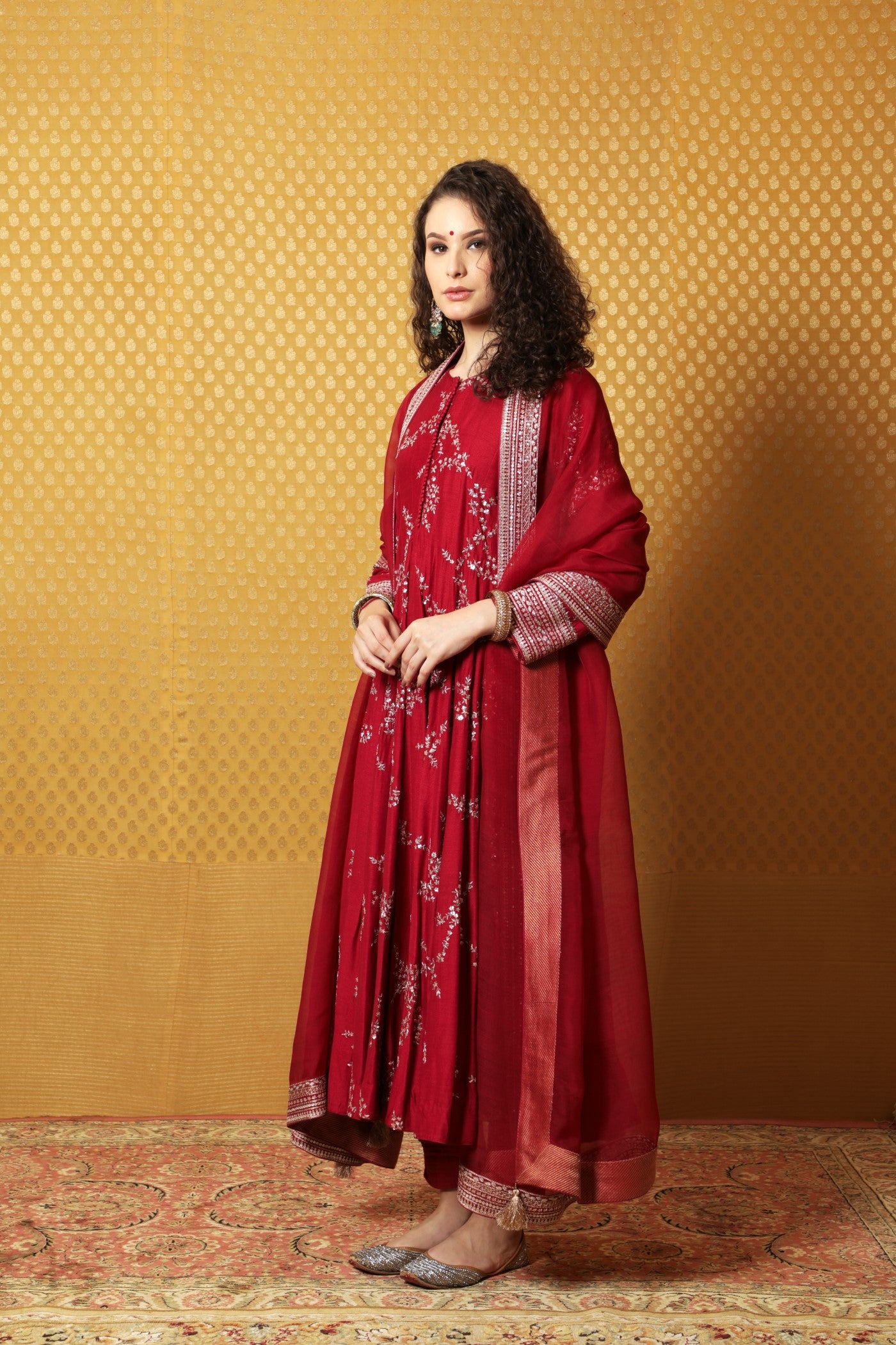 Hand-Embroidered Maroon Pure Muga-Silk Anarkali-Pants Set