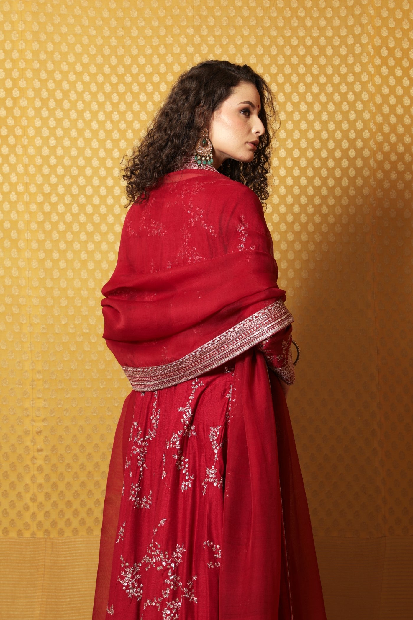Hand-Embroidered Maroon Pure Muga-Silk Anarkali-Pants Set