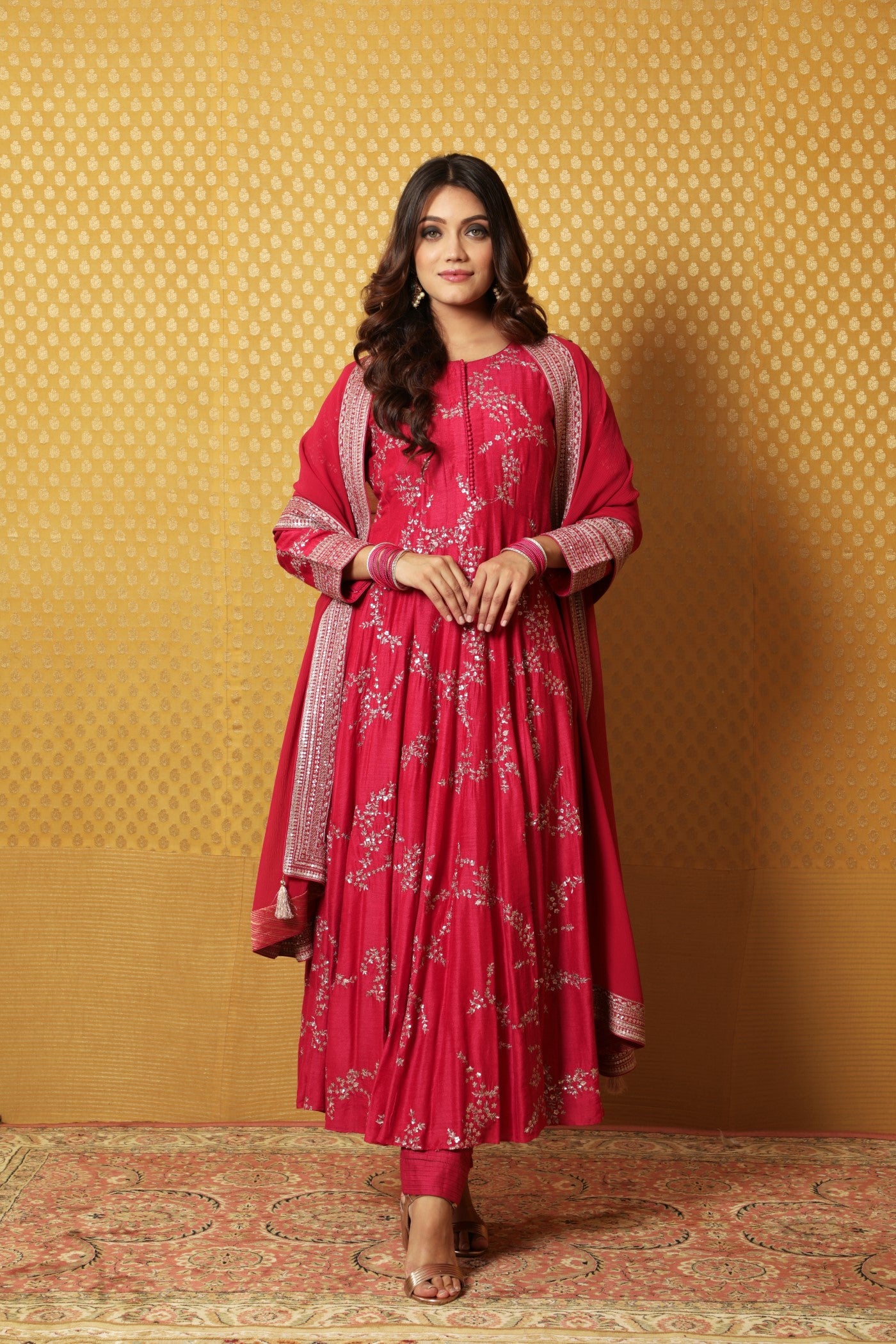 Hand-Embroidered Fuchsia-Pink Pure Muga-Silk Anarkali-Pants Set