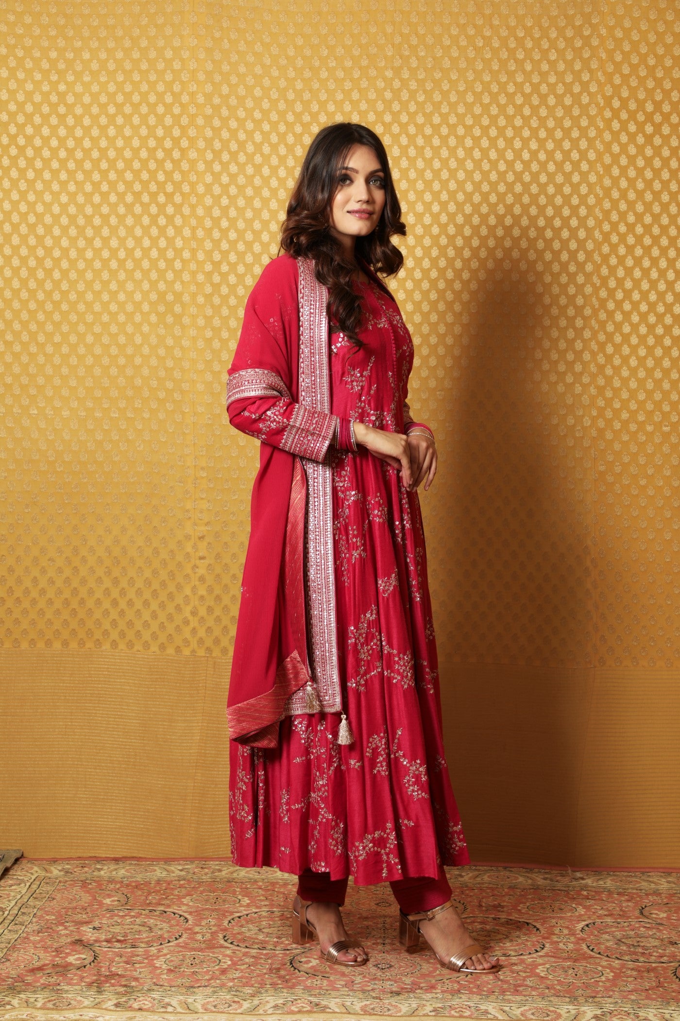 Hand-Embroidered Fuchsia-Pink Pure Muga-Silk Anarkali-Pants Set