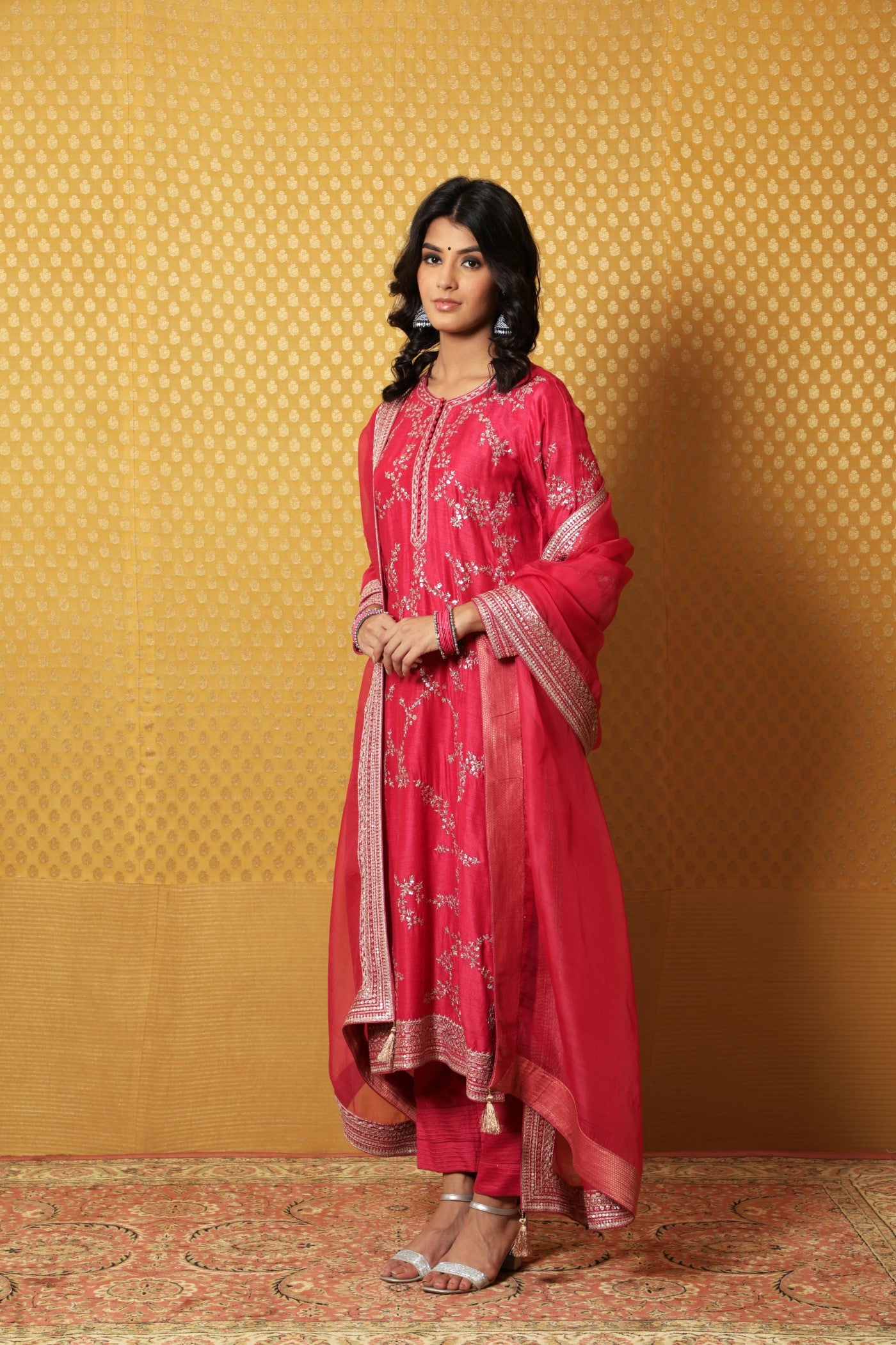 Hand-Embroidered Fuchsia-Pink Pure Muga-Silk Kurta-Pants Set