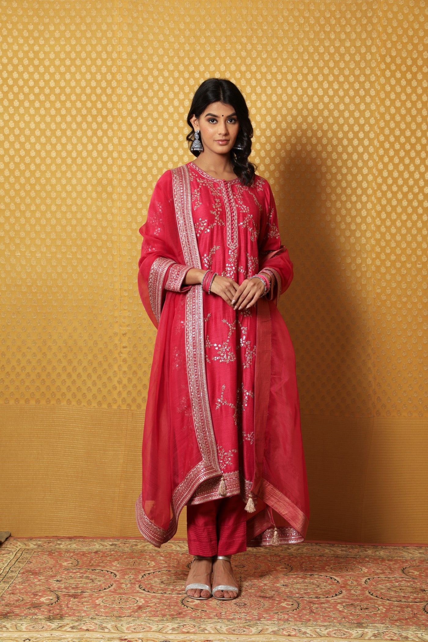 Hand-Embroidered Fuchsia-Pink Pure Muga-Silk Kurta-Pants Set