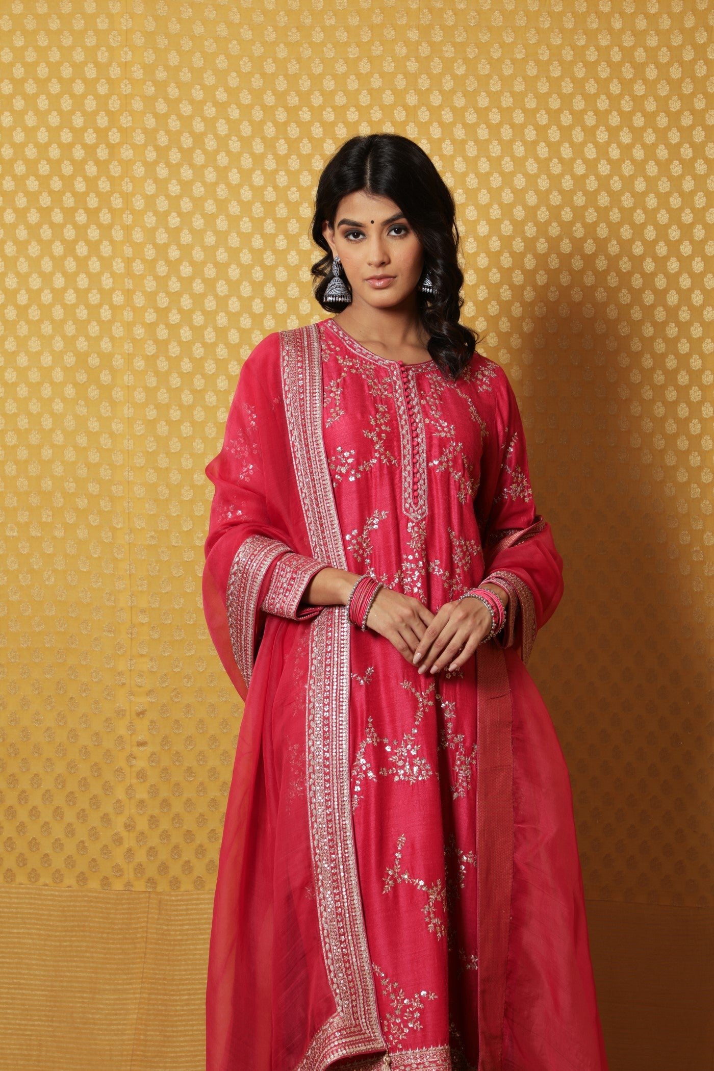 Hand-Embroidered Fuchsia-Pink Pure Muga-Silk Kurta-Pants Set