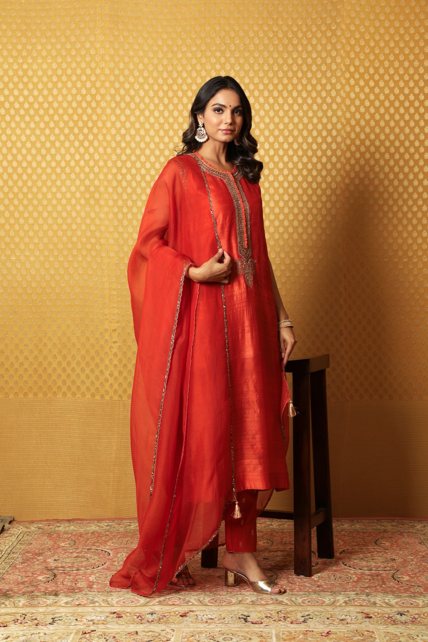 Hand-Embroidered Sinduri-Orange Pure Tussar-Georgette Kurta-Pants Set