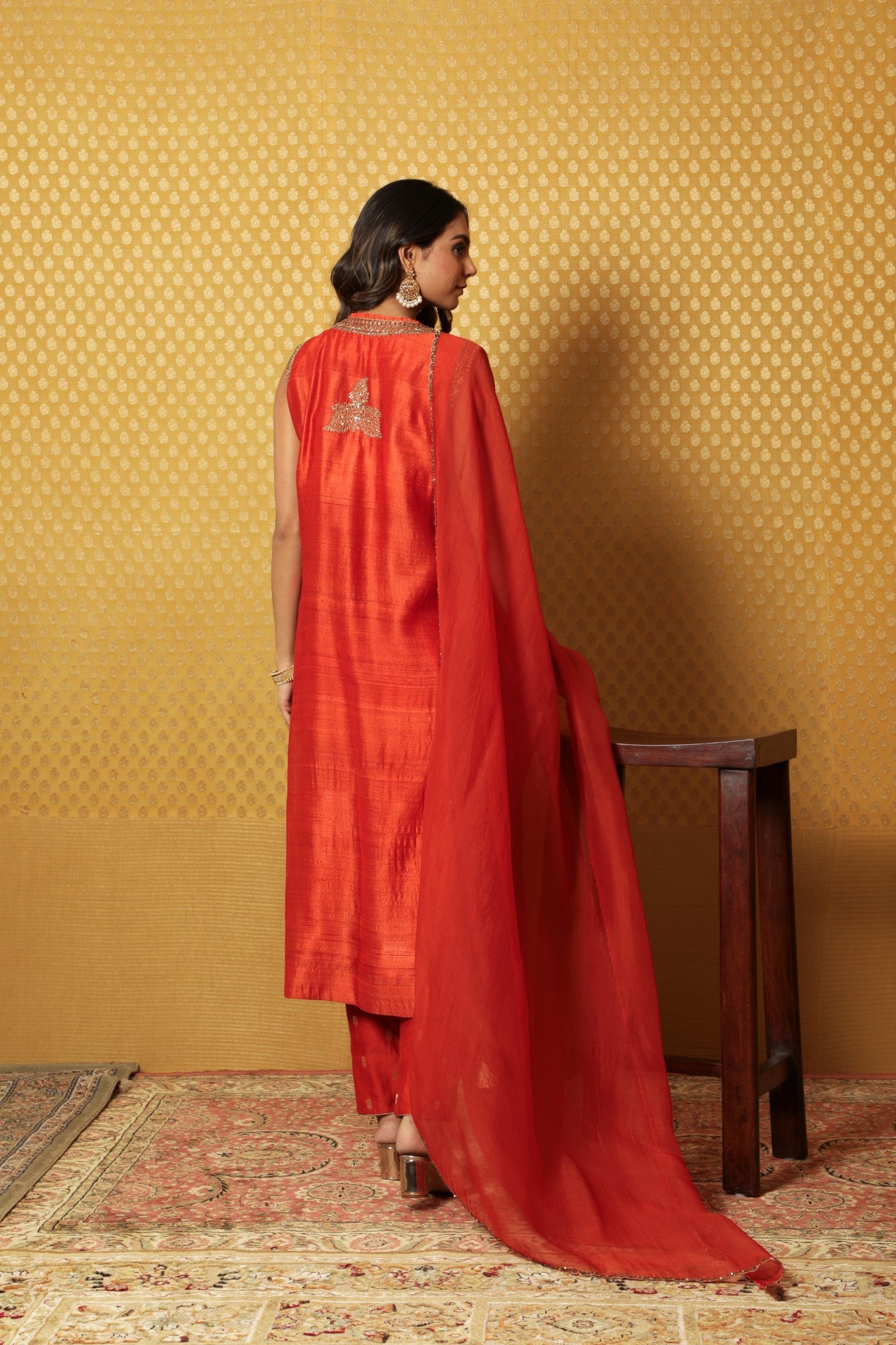 Hand-Embroidered Sinduri-Orange Pure Tussar-Georgette Kurta-Pants Set