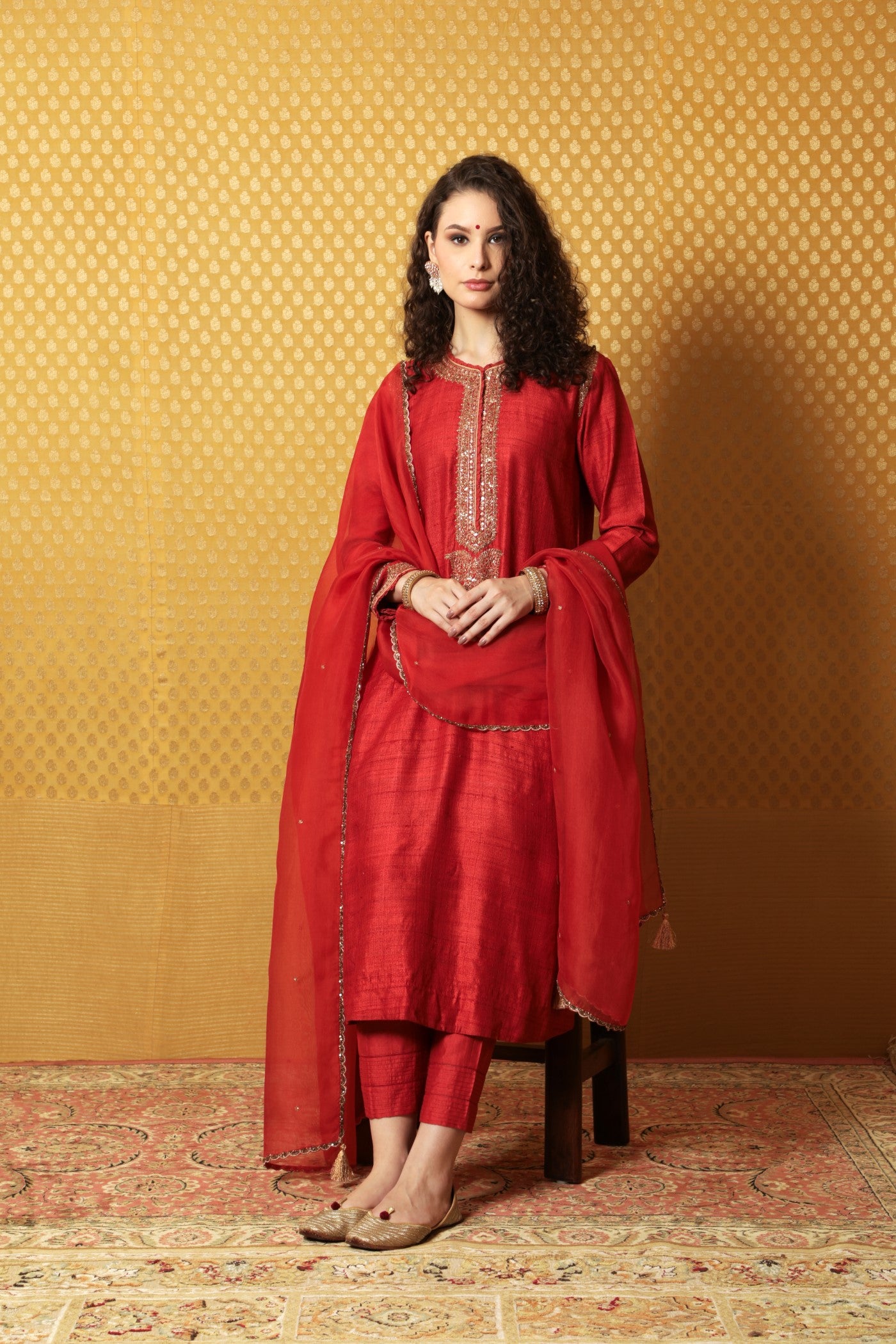 Hand-Embroidered Aurora-Red Pure Tussar-Georgette Kurta-Pants Set