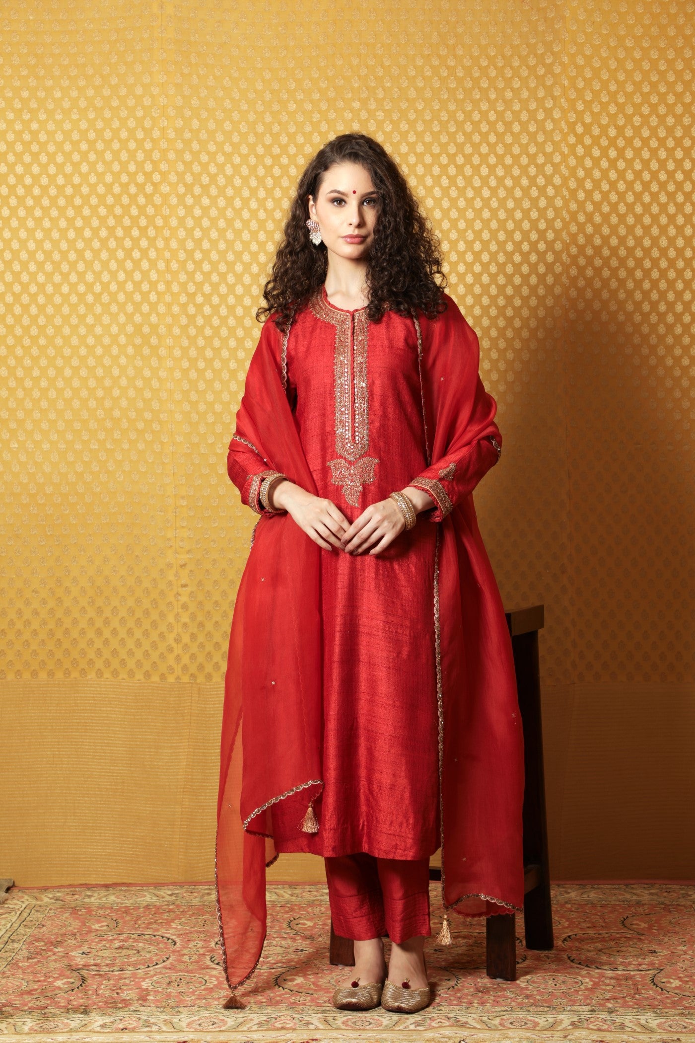 Hand-Embroidered Aurora-Red Pure Tussar-Georgette Kurta-Pants Set