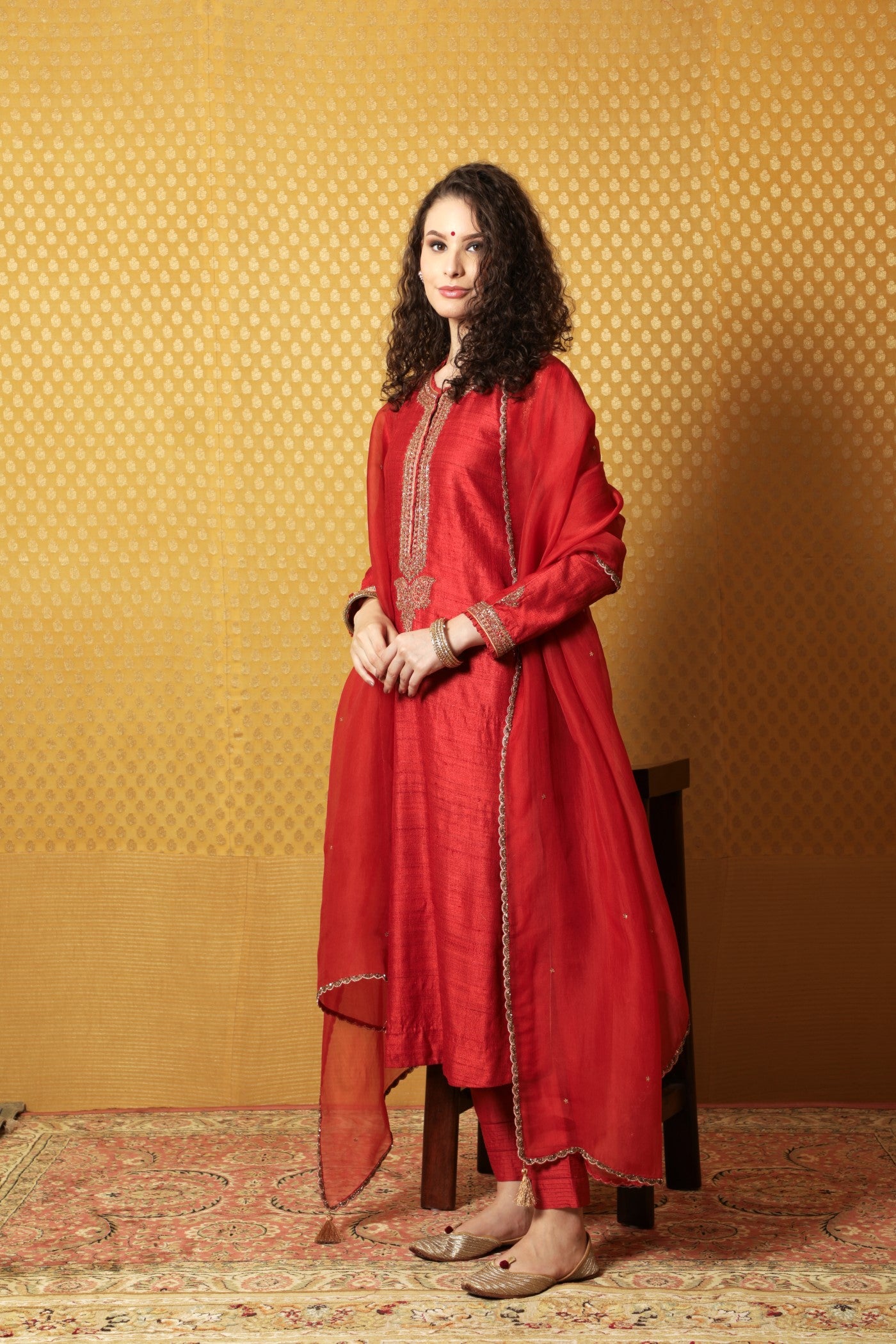 Hand-Embroidered Aurora-Red Pure Tussar-Georgette Kurta-Pants Set